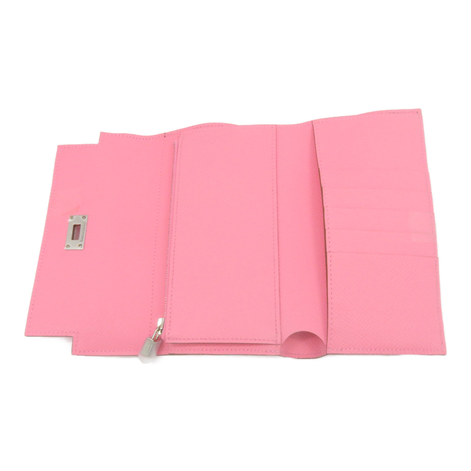 HERMES 【激减优惠】Veau Epsom皮革Kelly Short Wallet银扣钱包粉红色