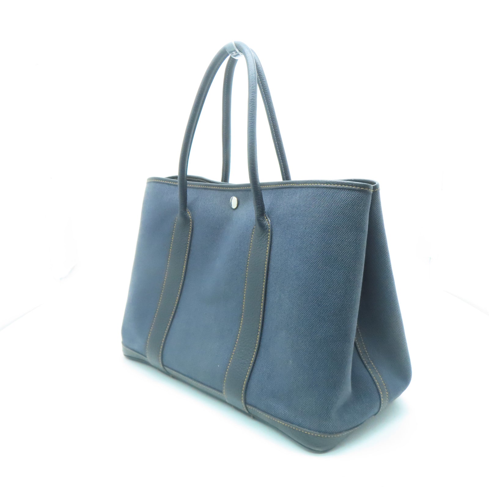 HERMES 帆布GardenParty PM銀扣手挽袋深藍色