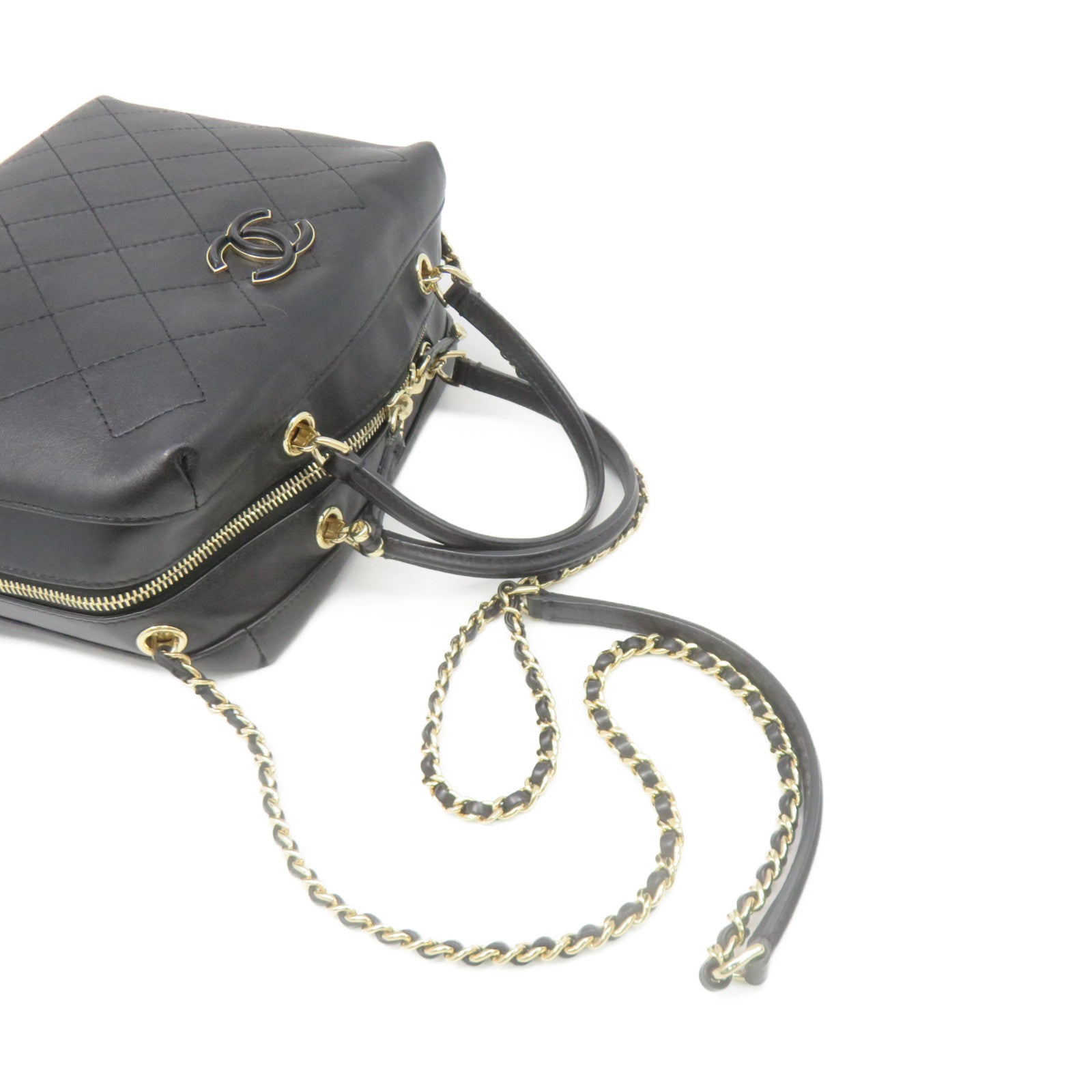 CHANEL 菱格牛皮皮革2Way Shoulder Bag金扣链带肩背袋黑色