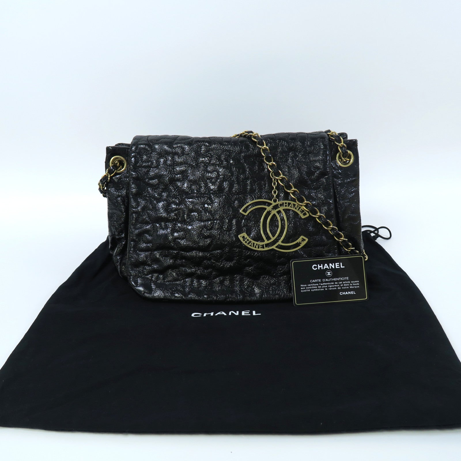 CHANEL 漆皮皮革Chain Shoulder金扣鏈帶肩背袋黑色