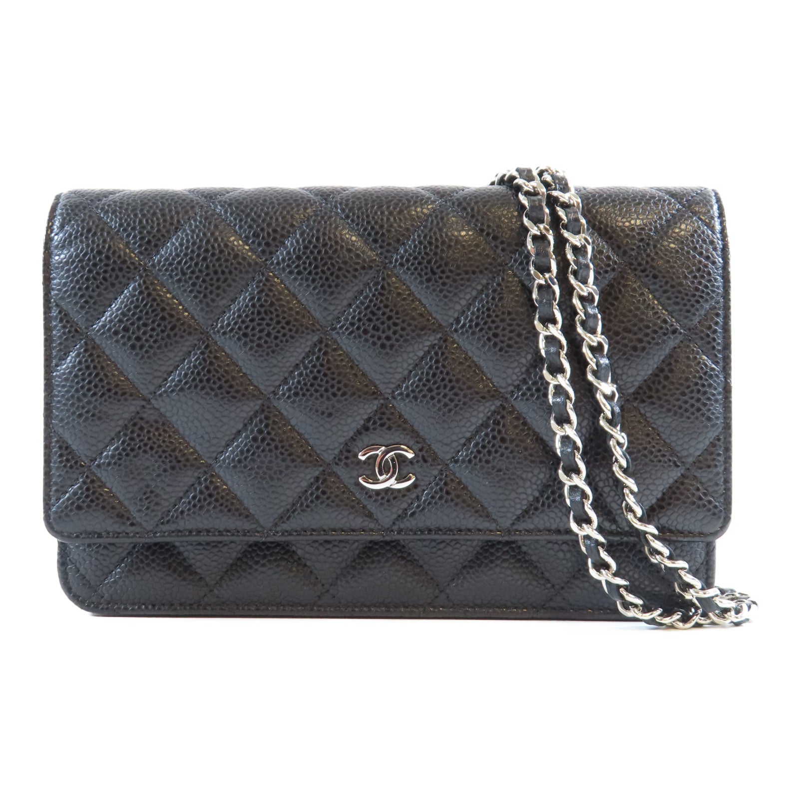 CHANEL 菱格Caviar皮革Wallet On Chain銀扣鏈帶肩背袋黑色