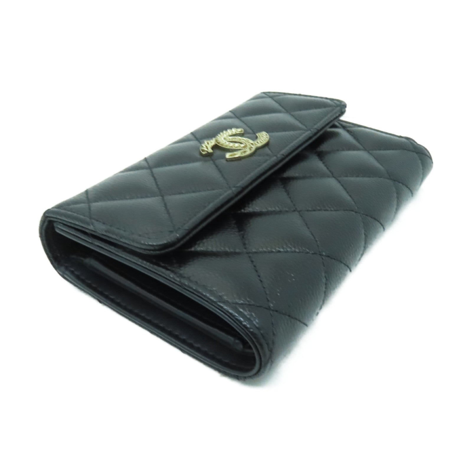 CHANEL 菱格Caviar皮革Wallet金扣錢包黒色
