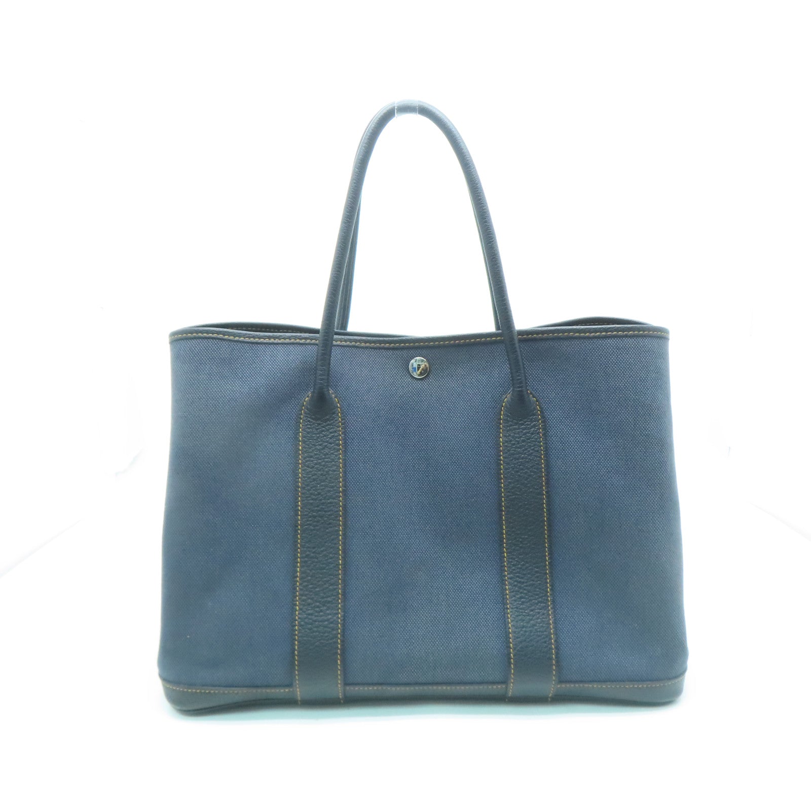 HERMES 帆布GardenParty PM銀扣手挽袋深藍色