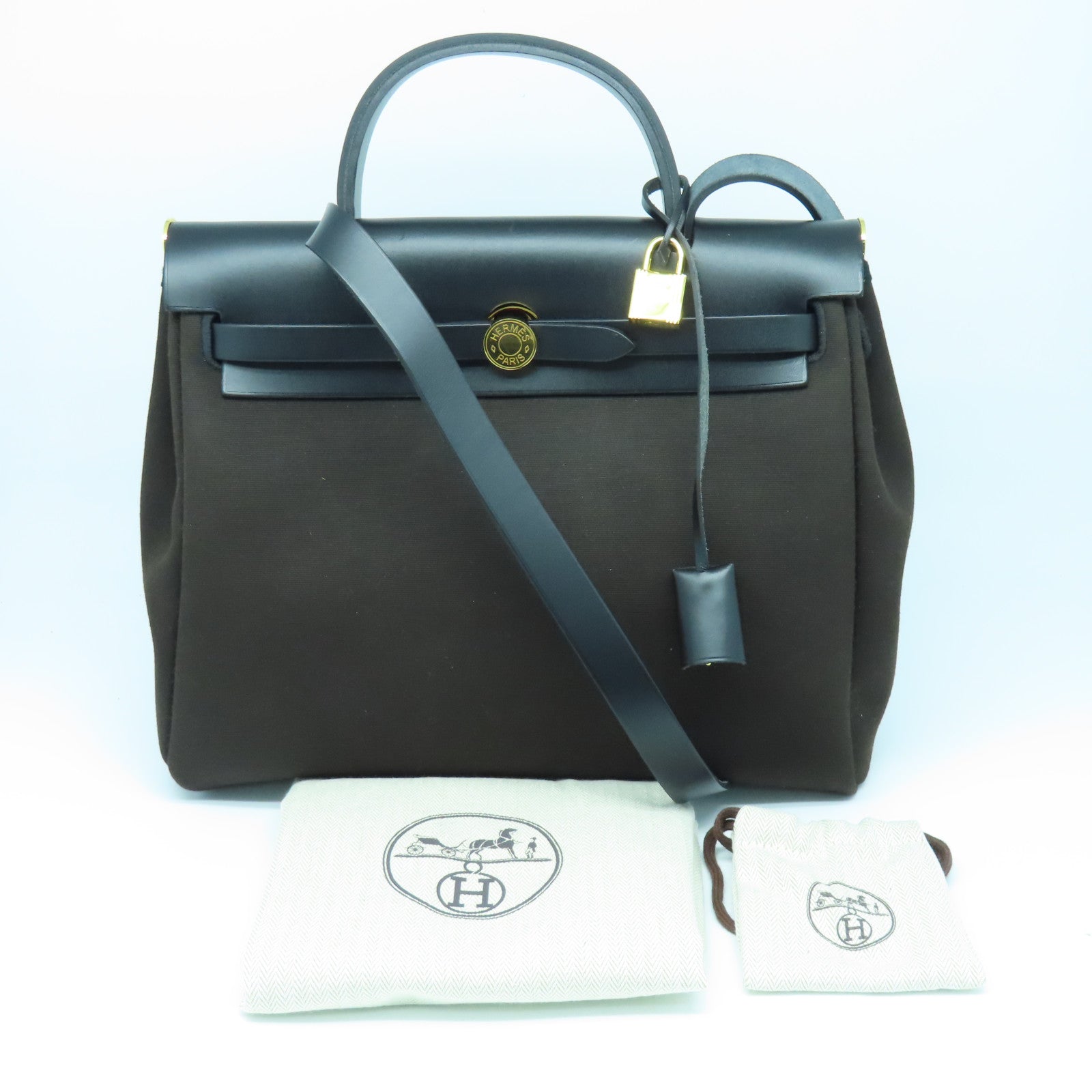 HERMES 帆布Herbag PM金扣手挽肩背两用袋咖啡色/黑色