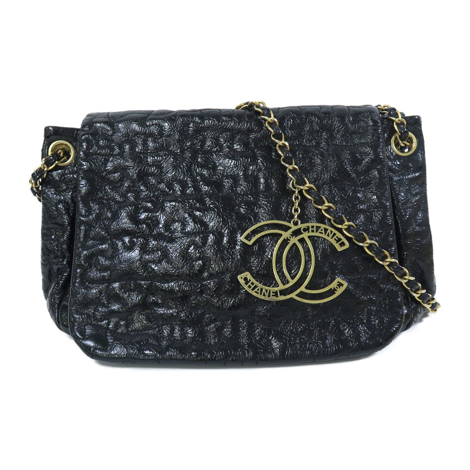 CHANEL 漆皮皮革Chain Shoulder金扣鏈帶肩背袋黑色