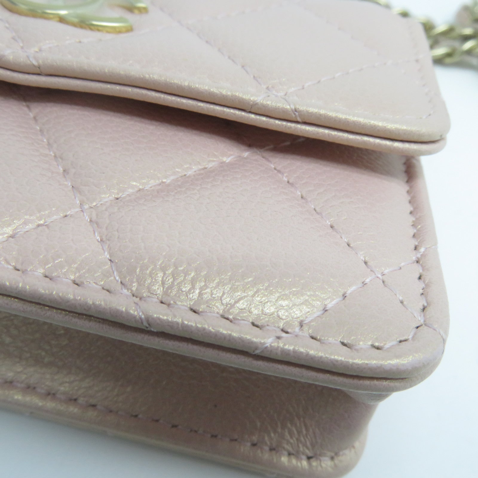CHANEL 菱格Caviar皮革CC Pearl Chain Bag金扣零錢包粉紅色
