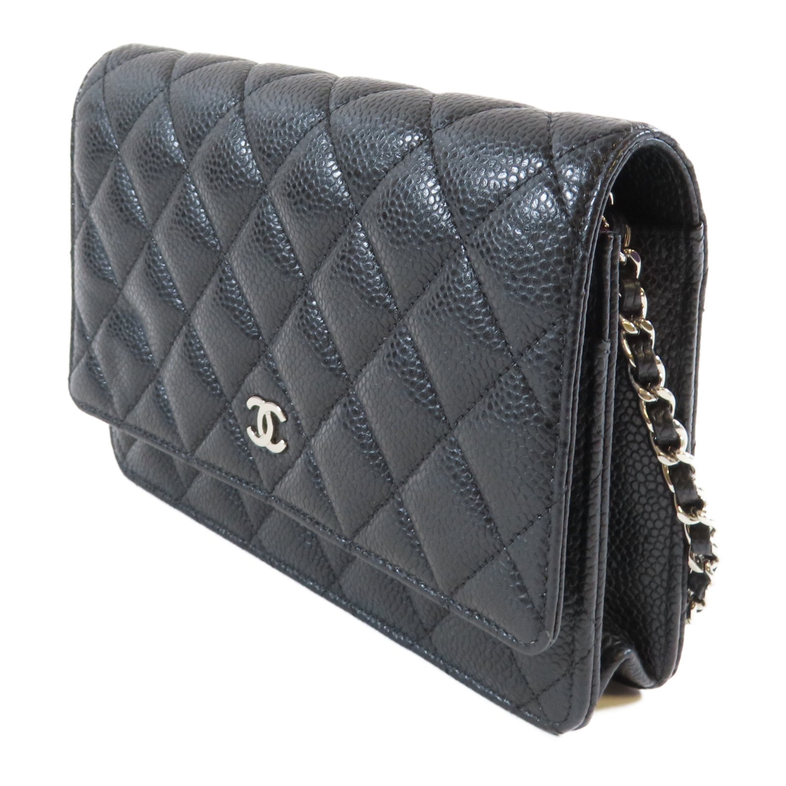 CHANEL 菱格Caviar皮革Wallet On Chain銀扣鏈帶肩背袋黑色