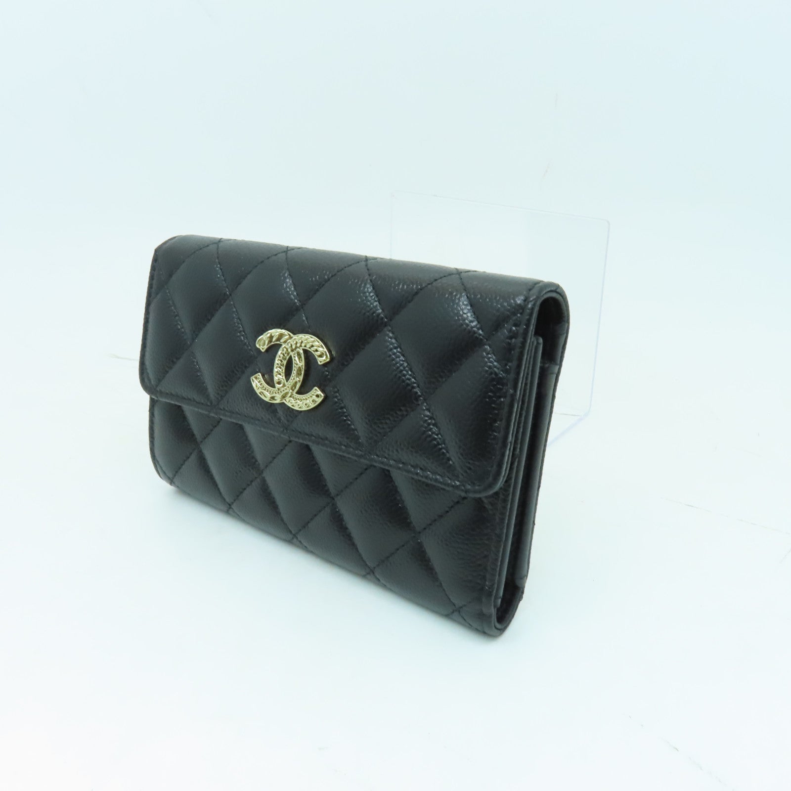 CHANEL 菱格Caviar皮革Wallet金扣錢包黒色