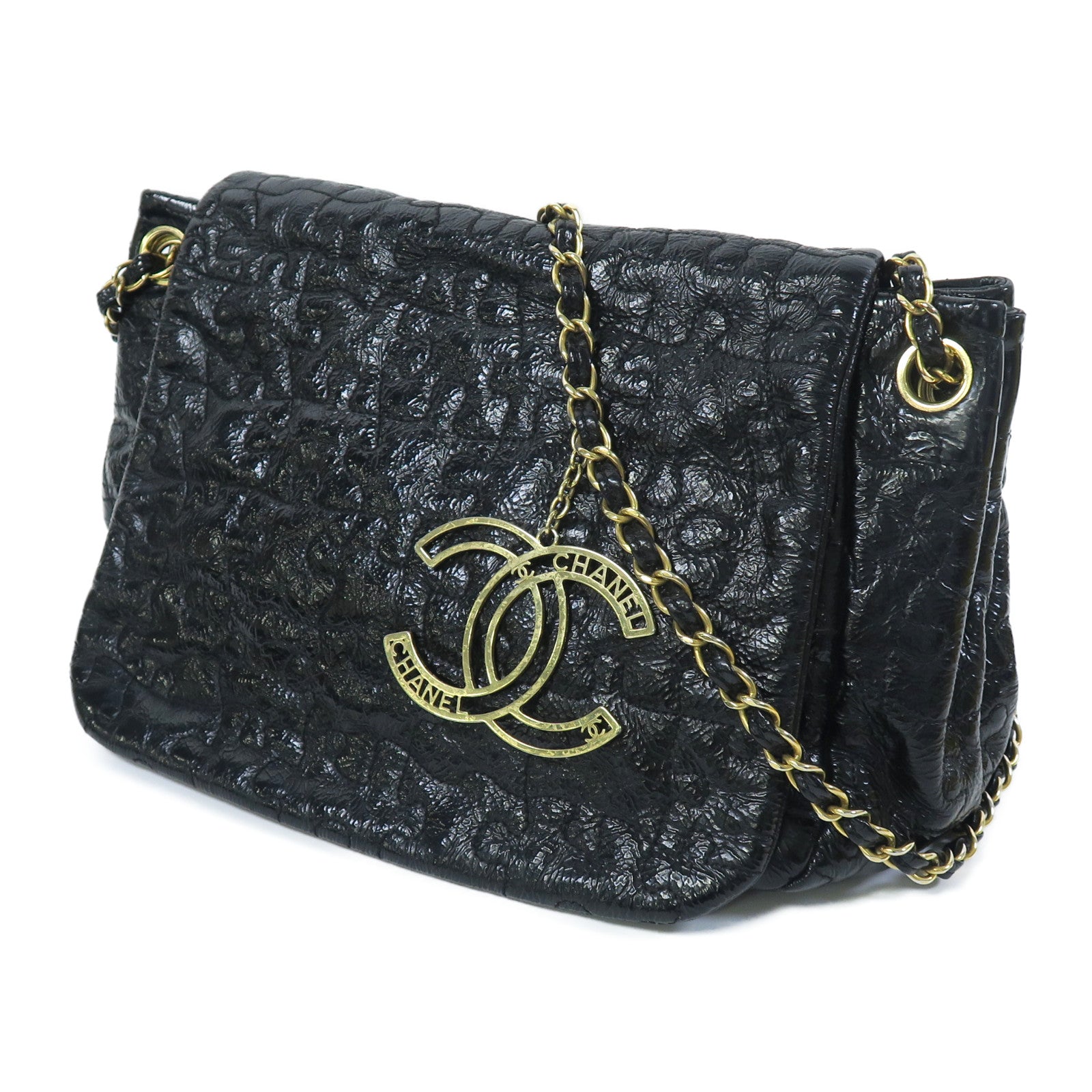 CHANEL 漆皮皮革Chain Shoulder金扣鏈帶肩背袋黑色