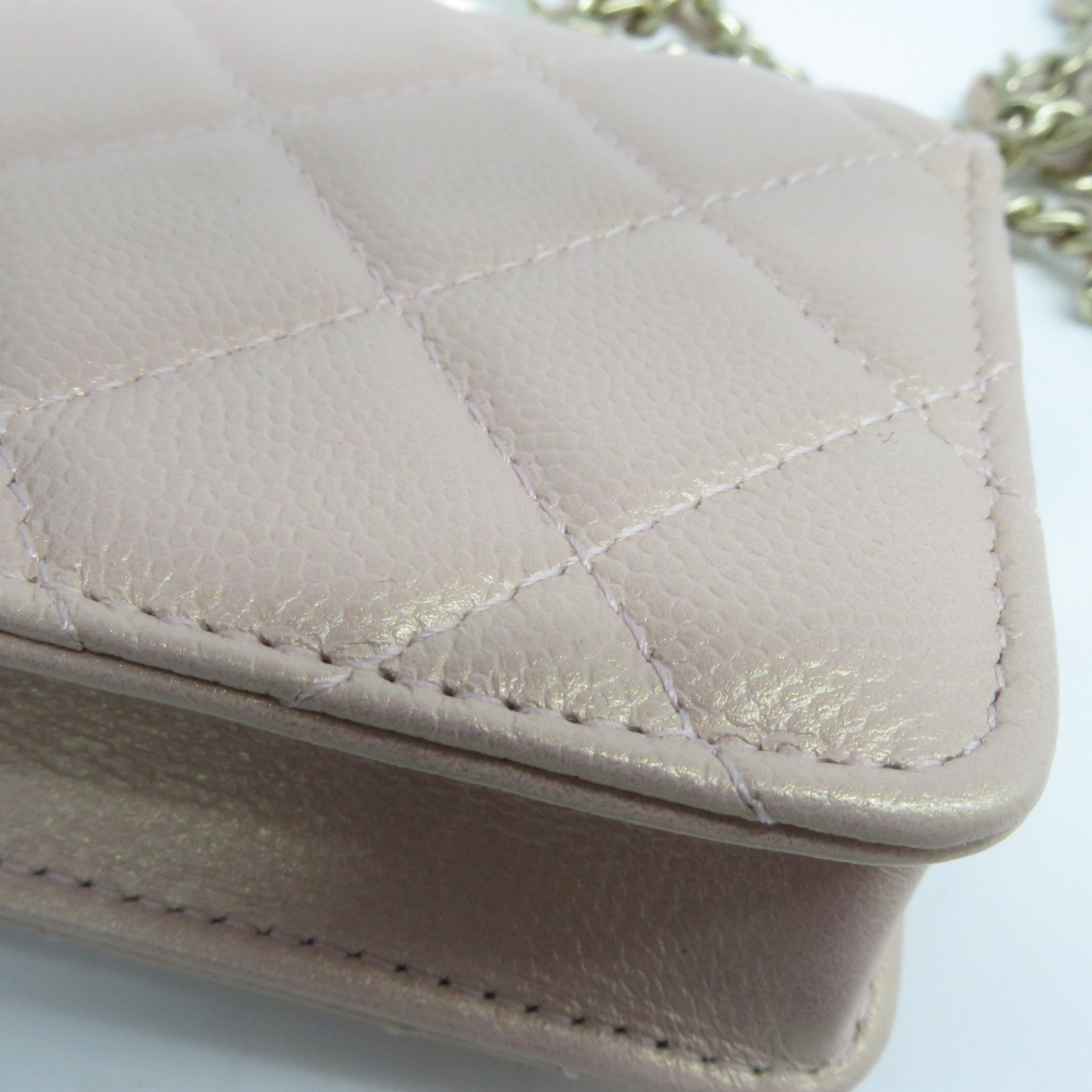 CHANEL 菱格Caviar皮革CC Pearl Chain Bag金扣零錢包粉紅色