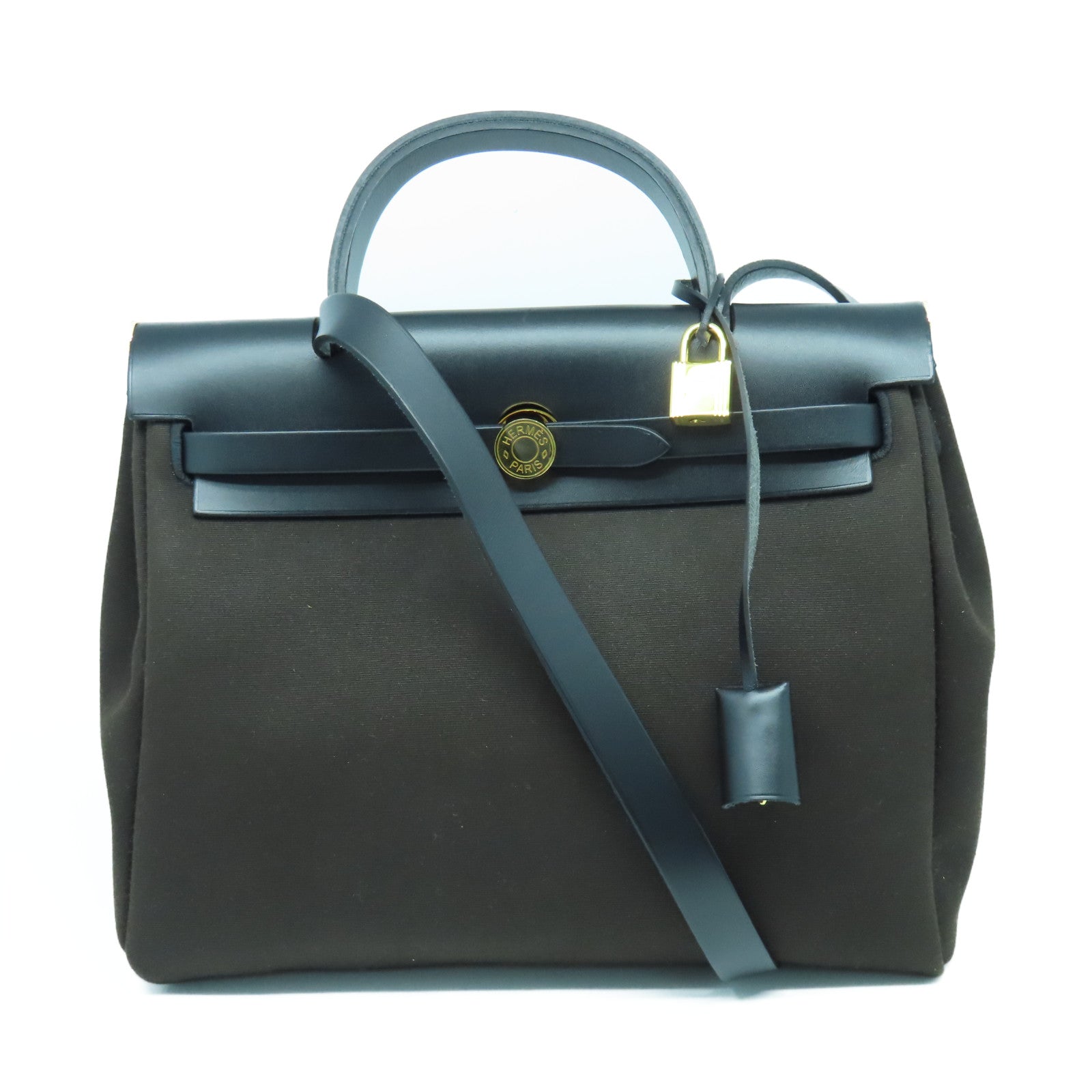 HERMES 帆布Herbag PM金扣手挽肩背两用袋咖啡色/黑色
