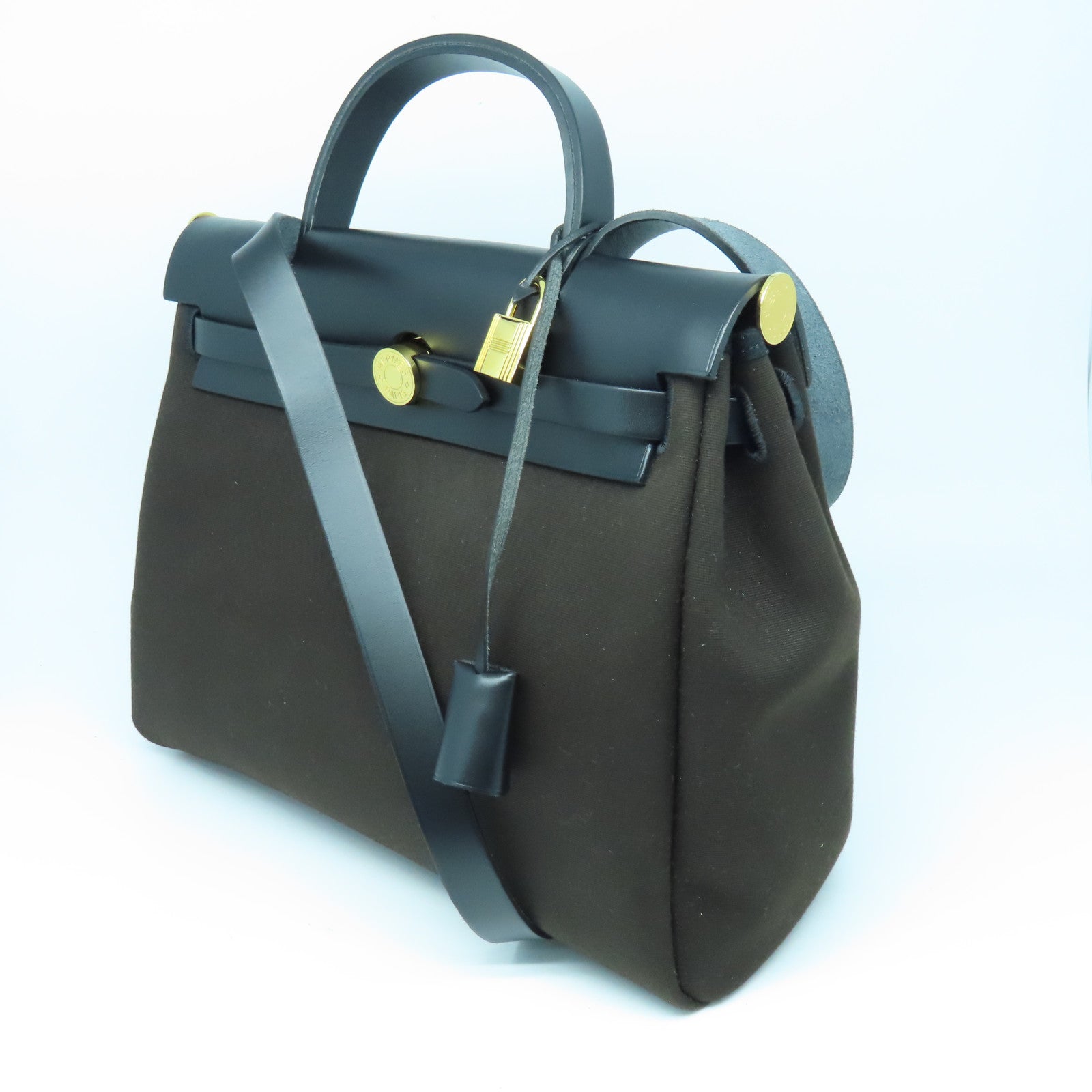 HERMES 帆布Herbag PM金扣手挽肩背两用袋咖啡色/黑色