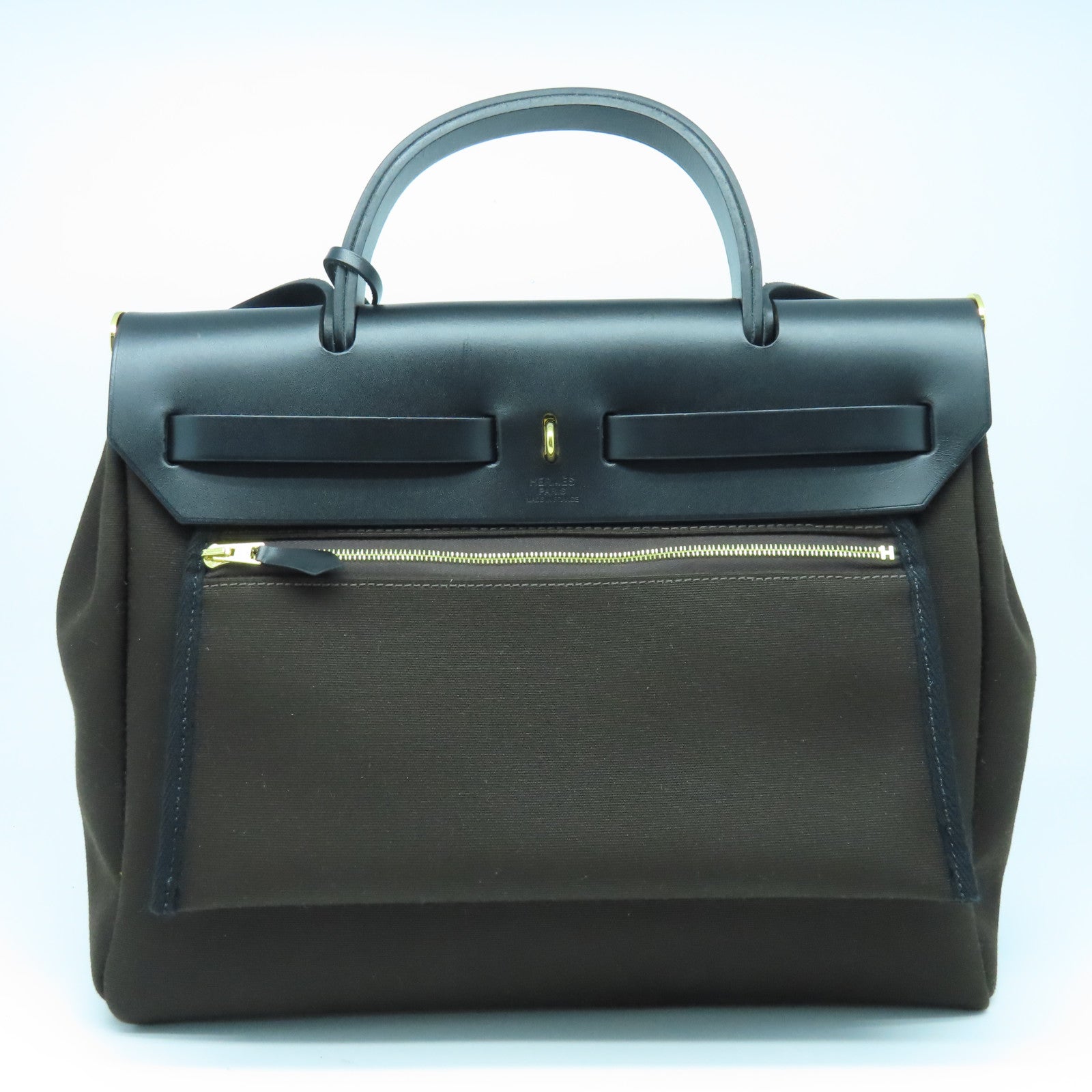 HERMES 帆布Herbag PM金扣手挽肩背两用袋咖啡色/黑色