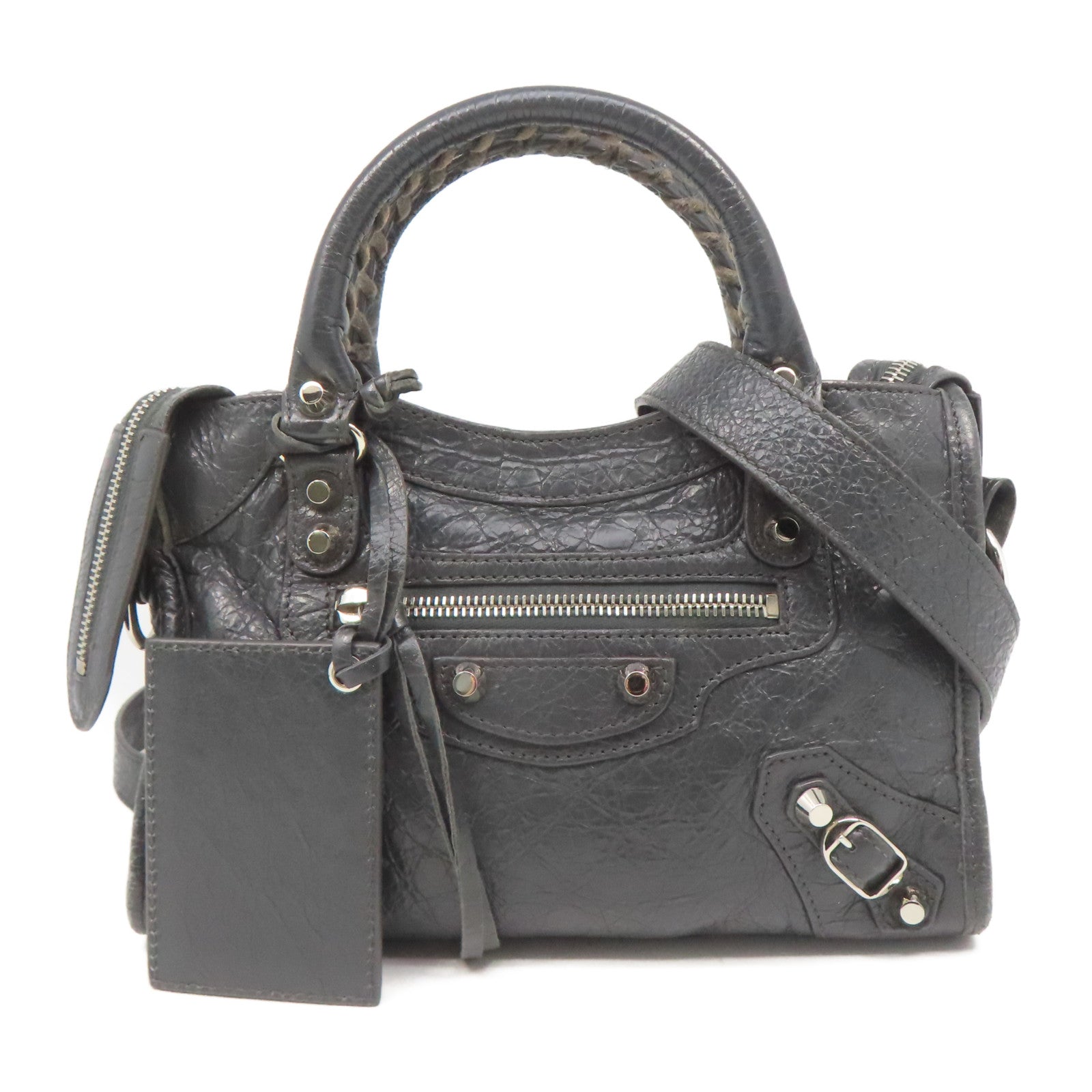 BALENCIAGA 羊皮皮革Mini City銀扣手挽肩背兩用袋灰色