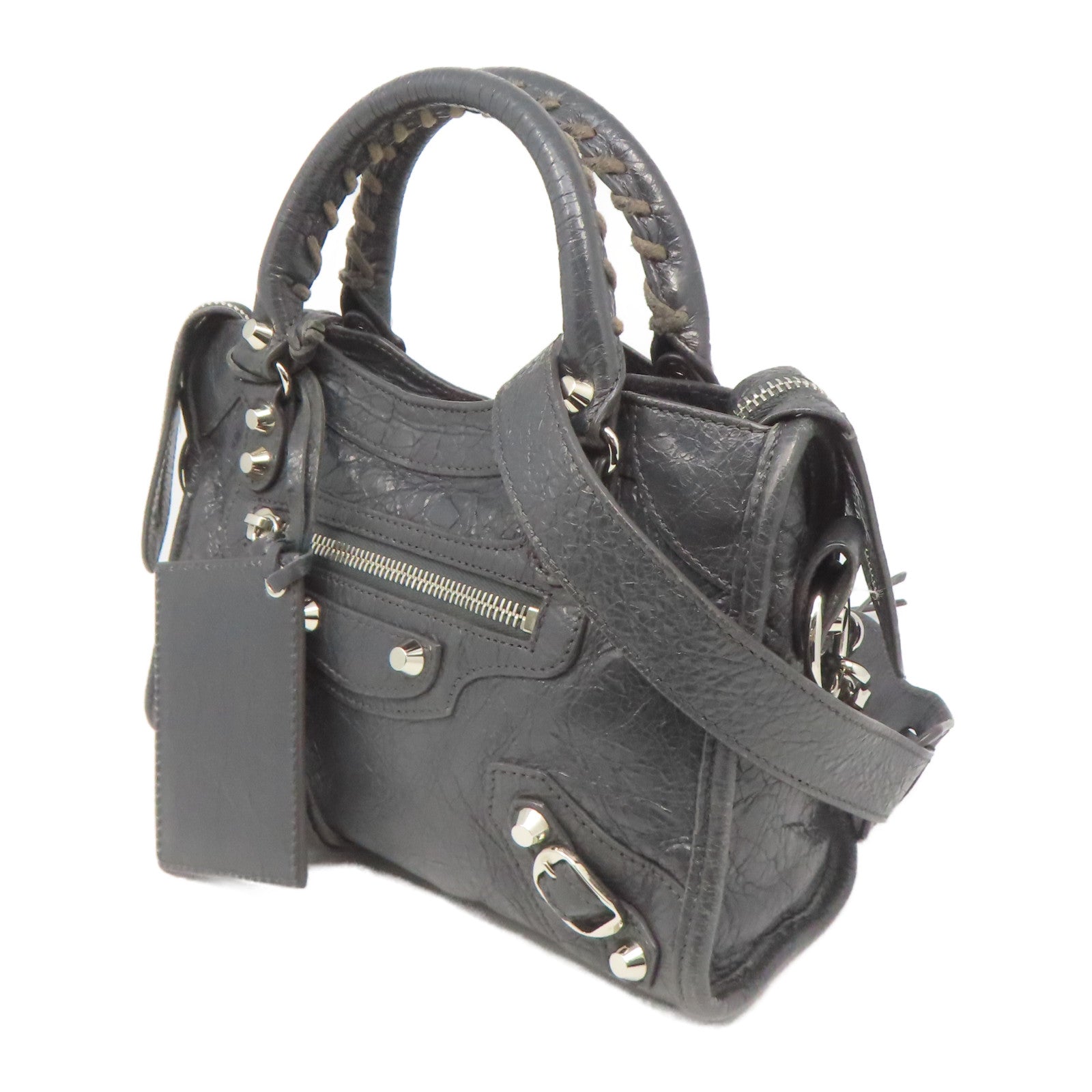 BALENCIAGA 羊皮皮革Mini City銀扣手挽肩背兩用袋灰色