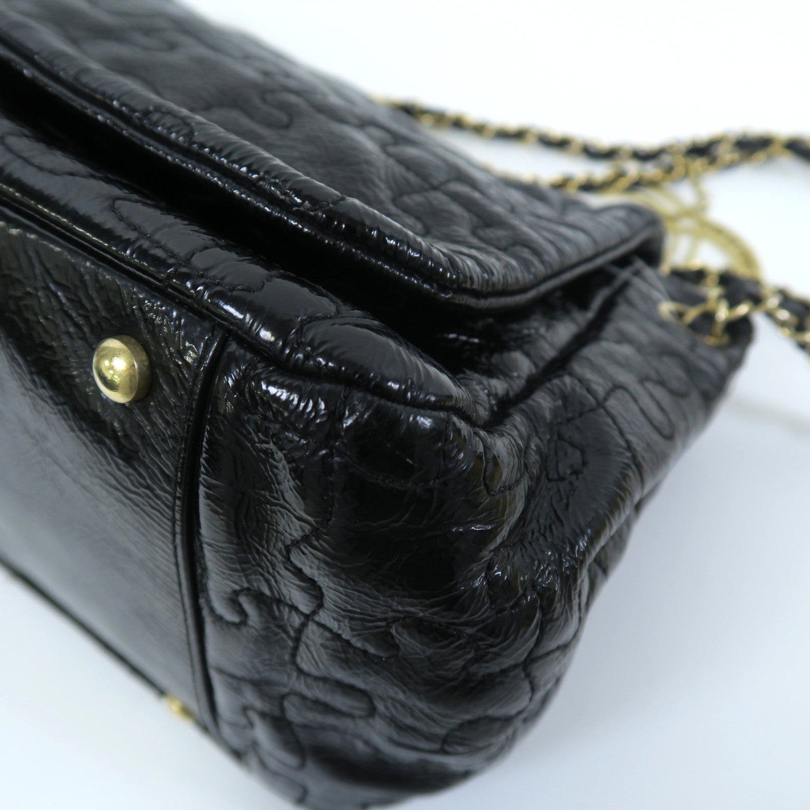 CHANEL 漆皮皮革Chain Shoulder金扣鏈帶肩背袋黑色
