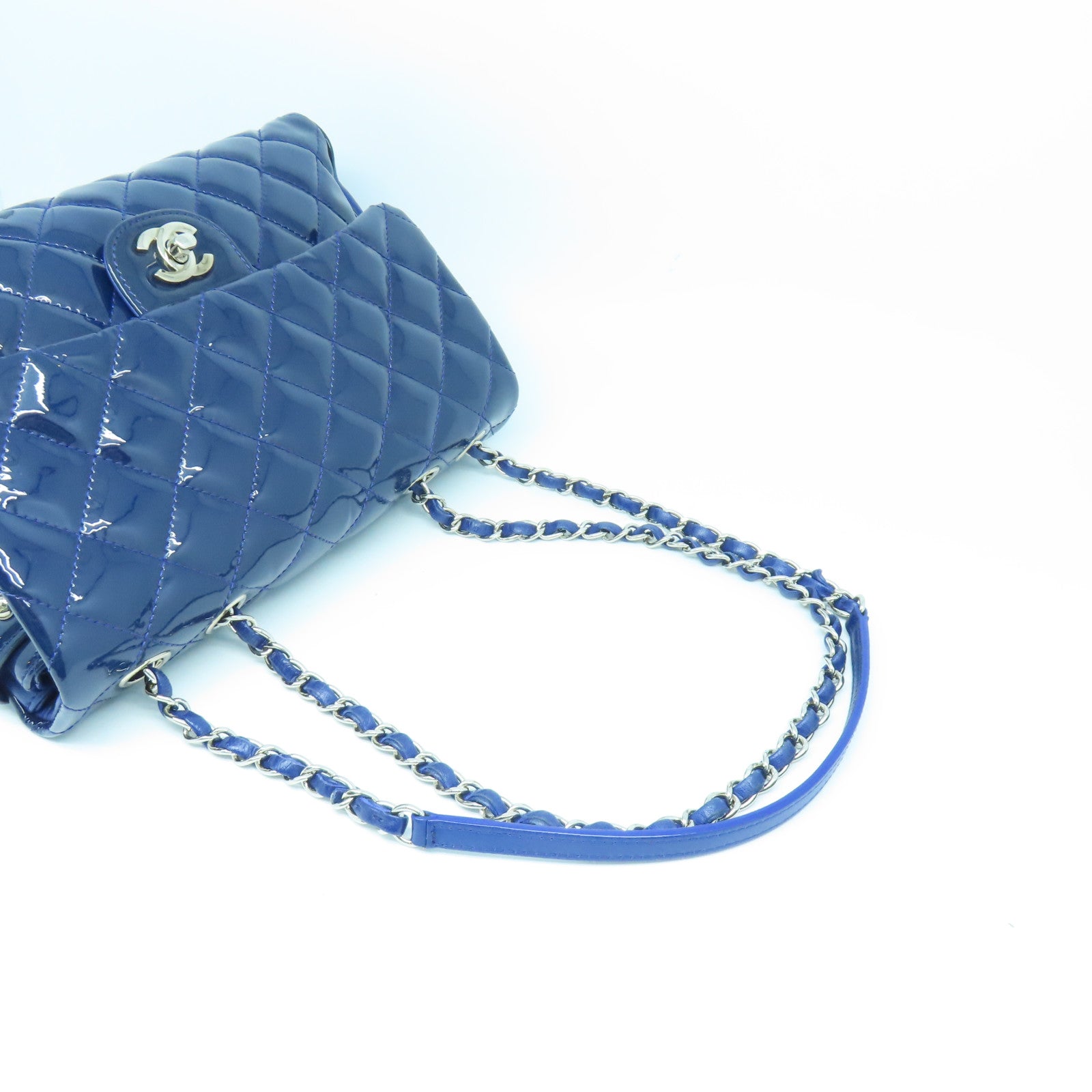 CHANEL 菱格漆皮皮革Chain Shoulder Bag銀扣鏈帶肩背袋藍色