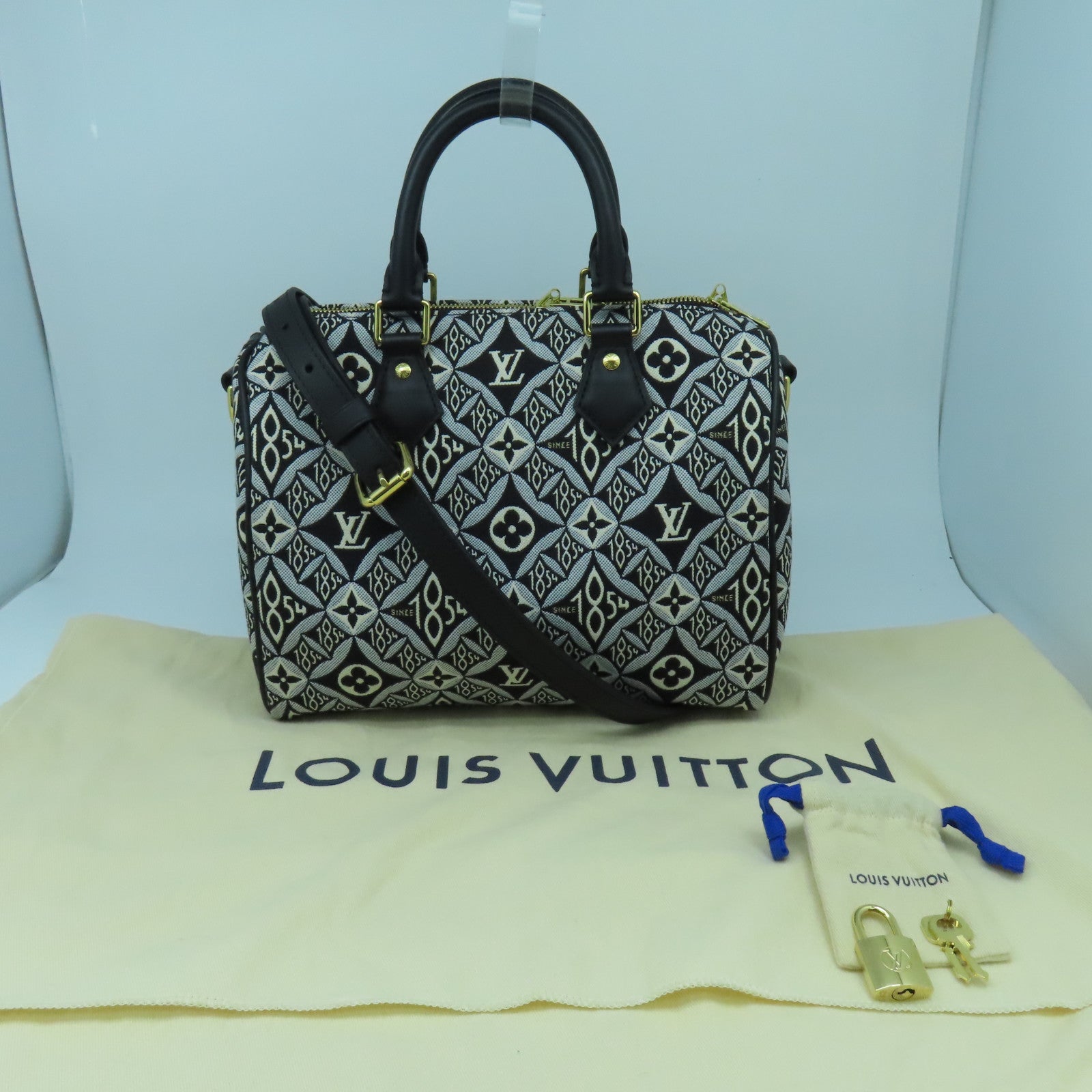 LOUIS VUITTON 【激減優惠】Monogram Jacquard Since 1854 Speedy Bandouliere 25金扣手挽肩背兩用袋黑色/白色