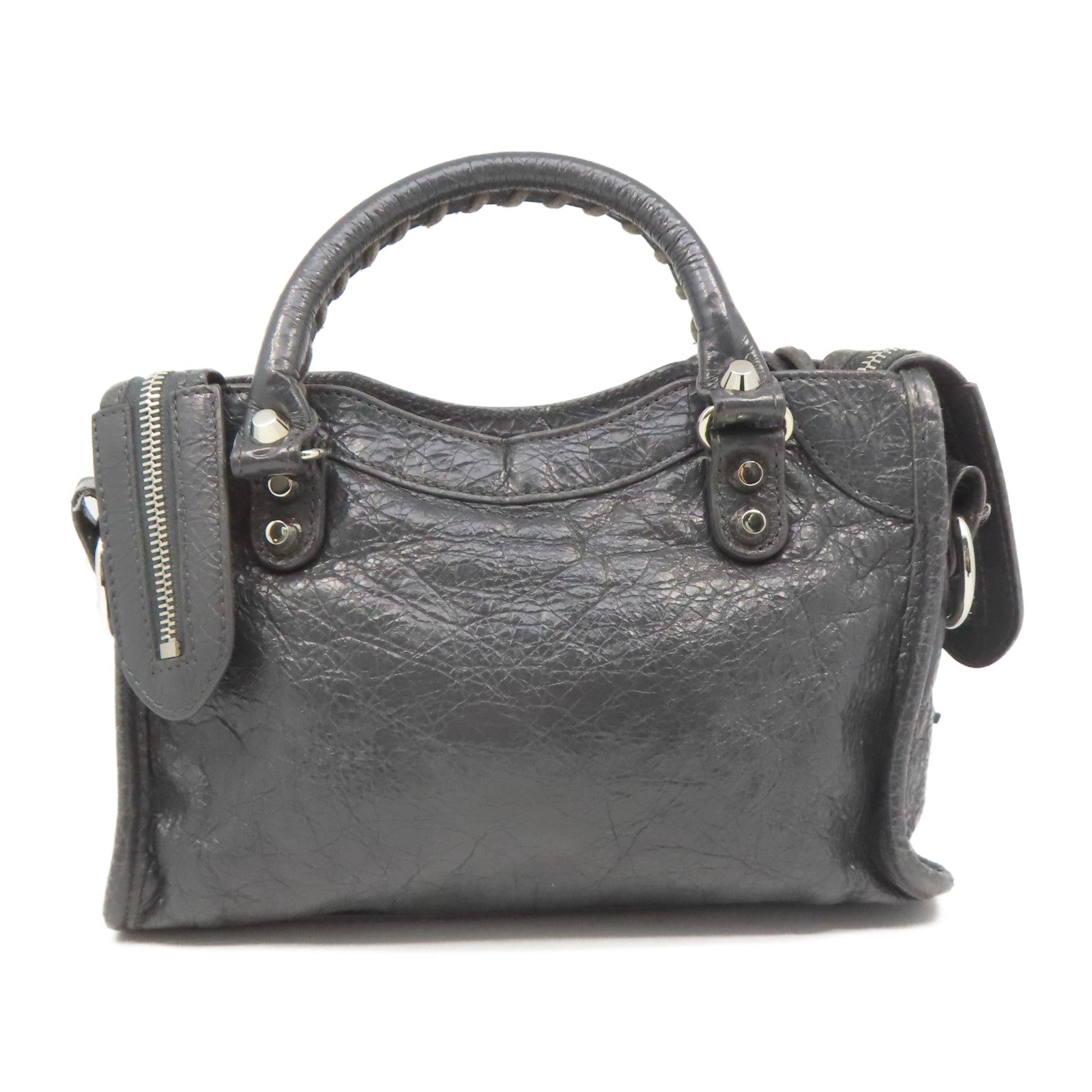 BALENCIAGA 羊皮皮革Mini City銀扣手挽肩背兩用袋灰色