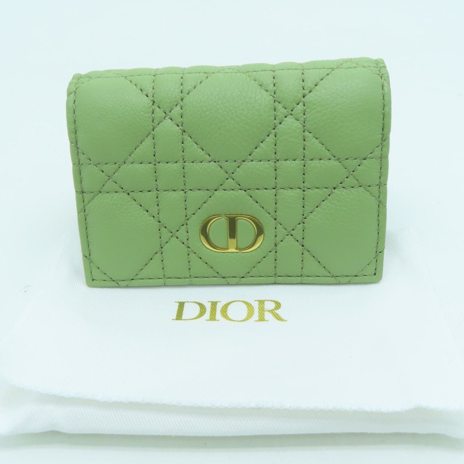 Dior Leather Card Case Gold Buckle Card Holder Green