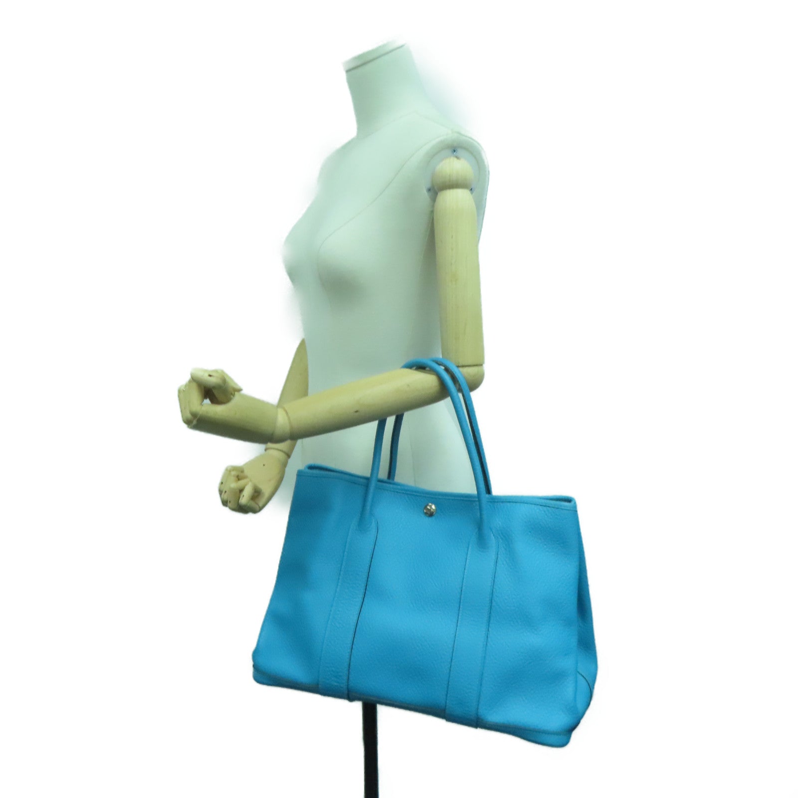 HERMES Togo Leather Garden Party PM Silver Button Handle Bag Blue