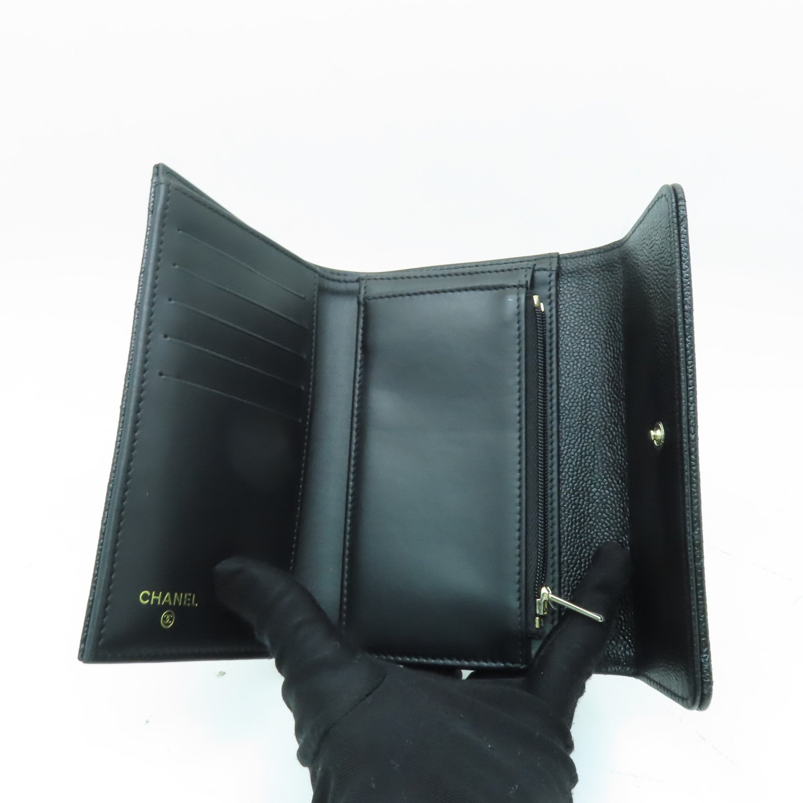 CHANEL 菱格Caviar皮革Wallet金扣錢包黒色