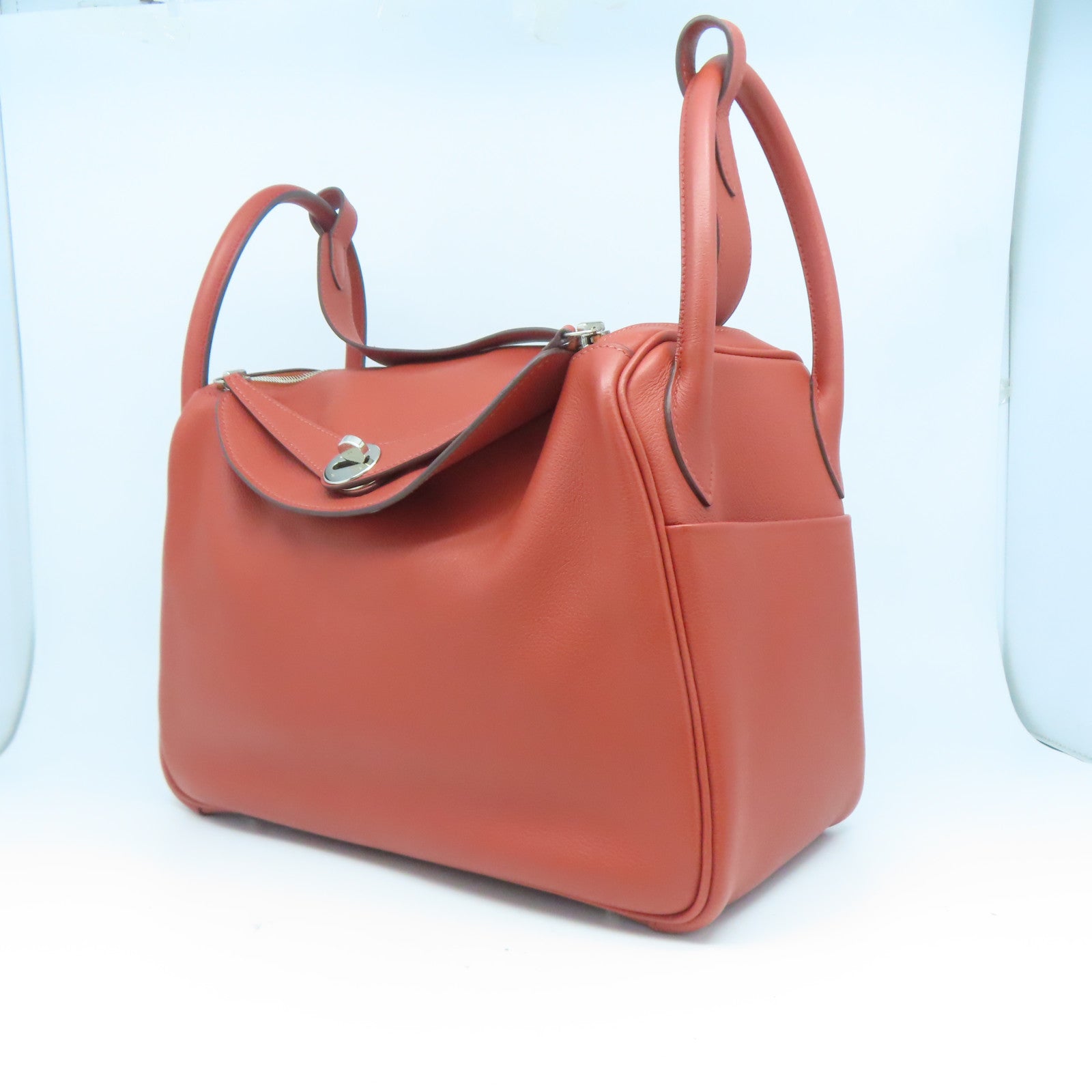 HERMES 【激減優惠】Evercolor皮革Lindy 30銀扣肩背袋磚塊紅