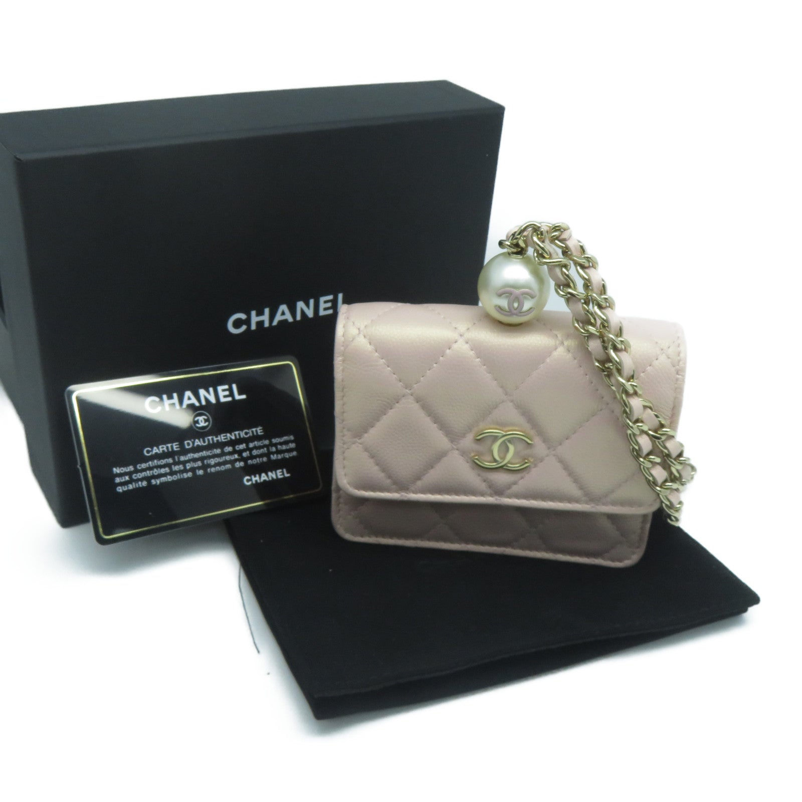 CHANEL 菱格Caviar皮革CC Pearl Chain Bag金扣零錢包粉紅色