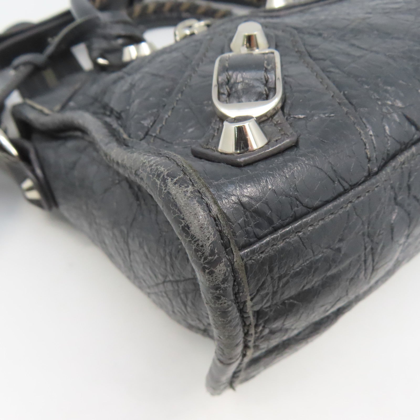 BALENCIAGA 羊皮皮革Mini City銀扣手挽肩背兩用袋灰色