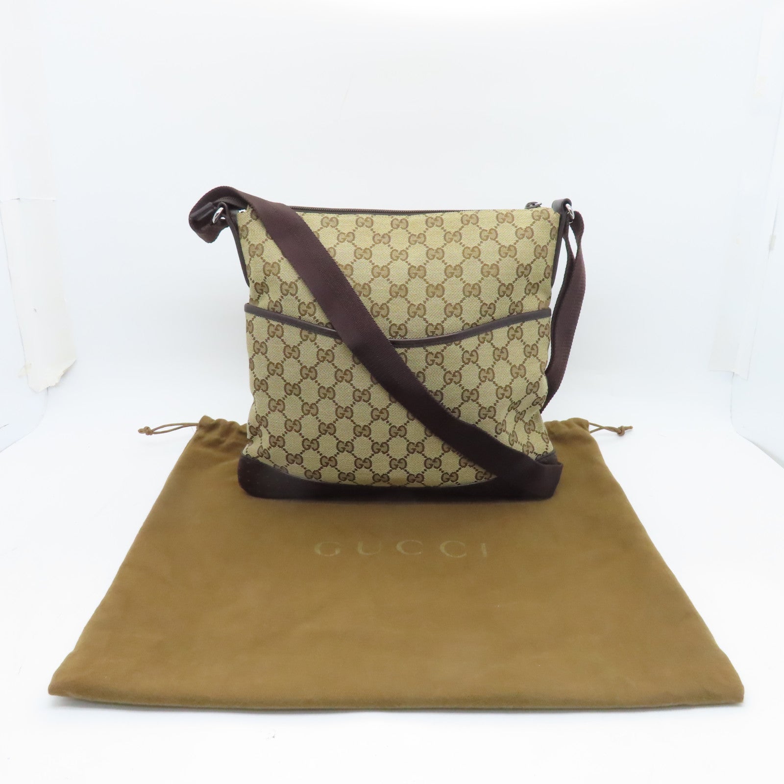 GUCCI 【激減優惠】帆布Cross Carry Bag銀扣肩背袋棕色