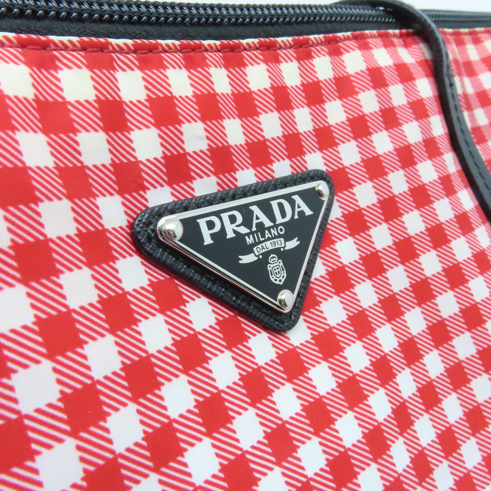 PRADA Nylon 2Way Tote Bag Silver Buckle Hand Shoulder Dual-use Bag Red Checkered
