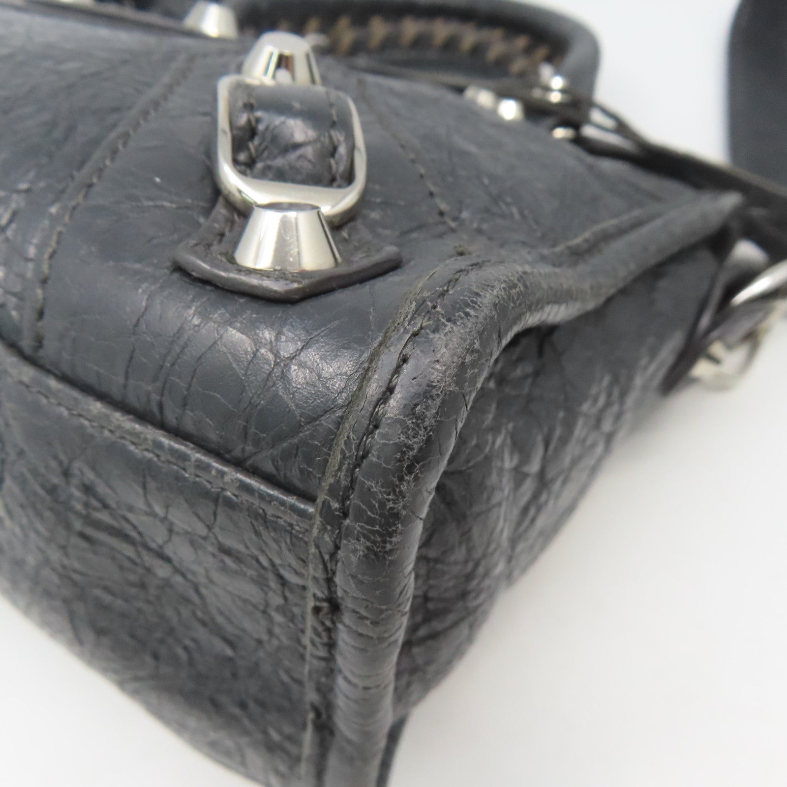 BALENCIAGA 羊皮皮革Mini City銀扣手挽肩背兩用袋灰色