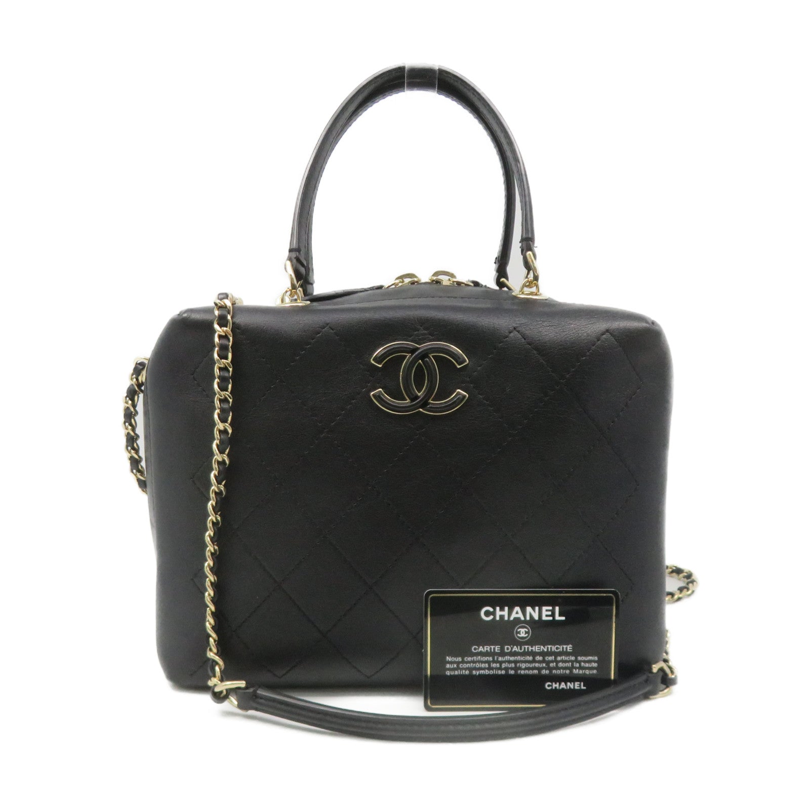 CHANEL 菱格牛皮皮革2Way Shoulder Bag金扣链带肩背袋黑色