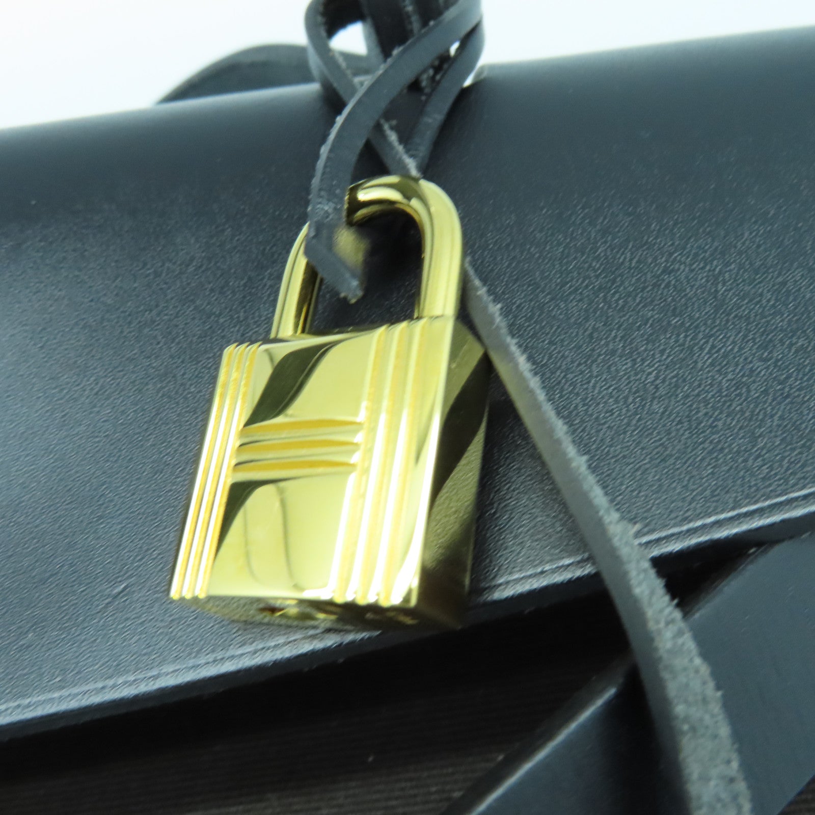 HERMES 帆布Herbag PM金扣手挽肩背两用袋咖啡色/黑色