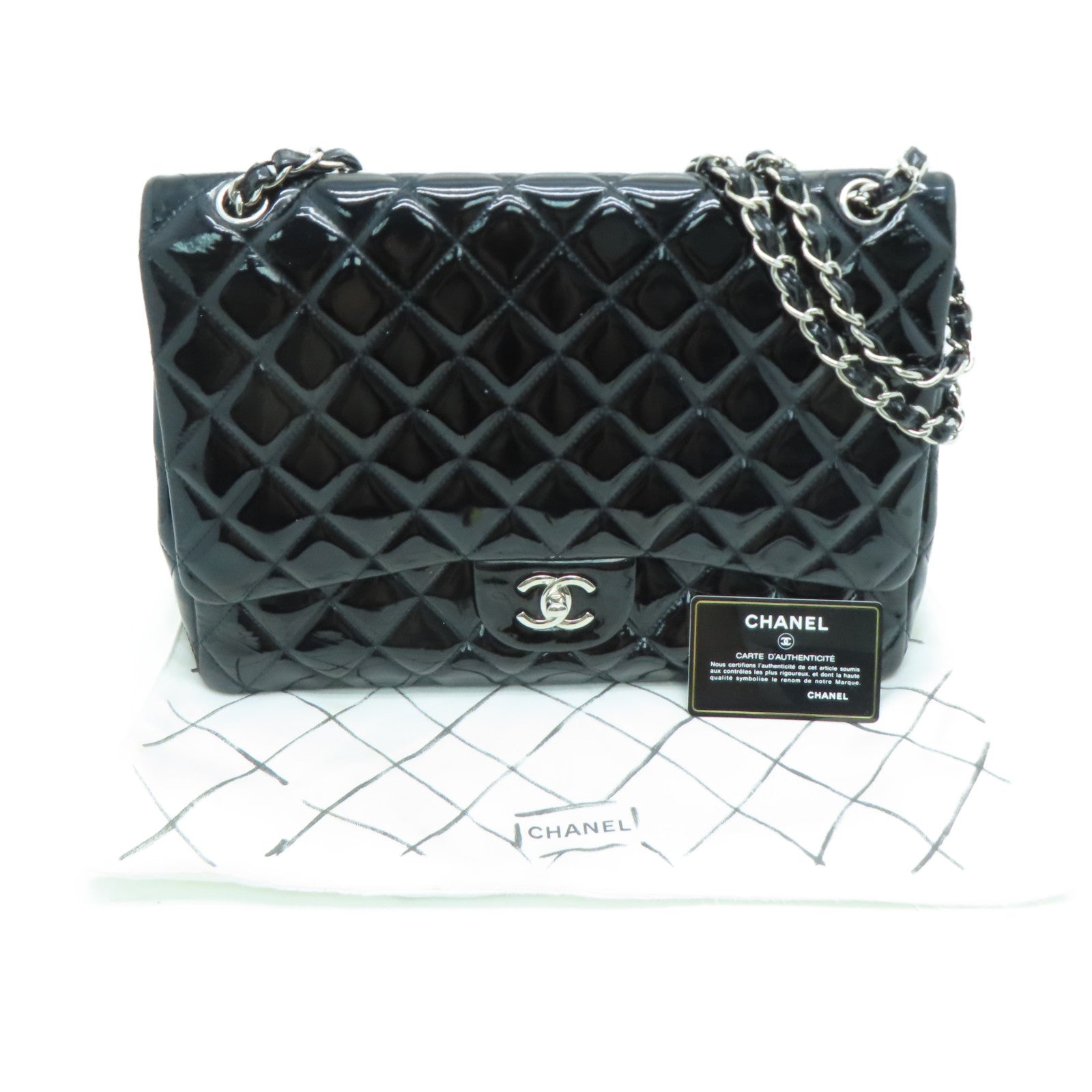 CHANEL 菱格漆皮皮革Chain Shoulder銀扣肩背袋黑色