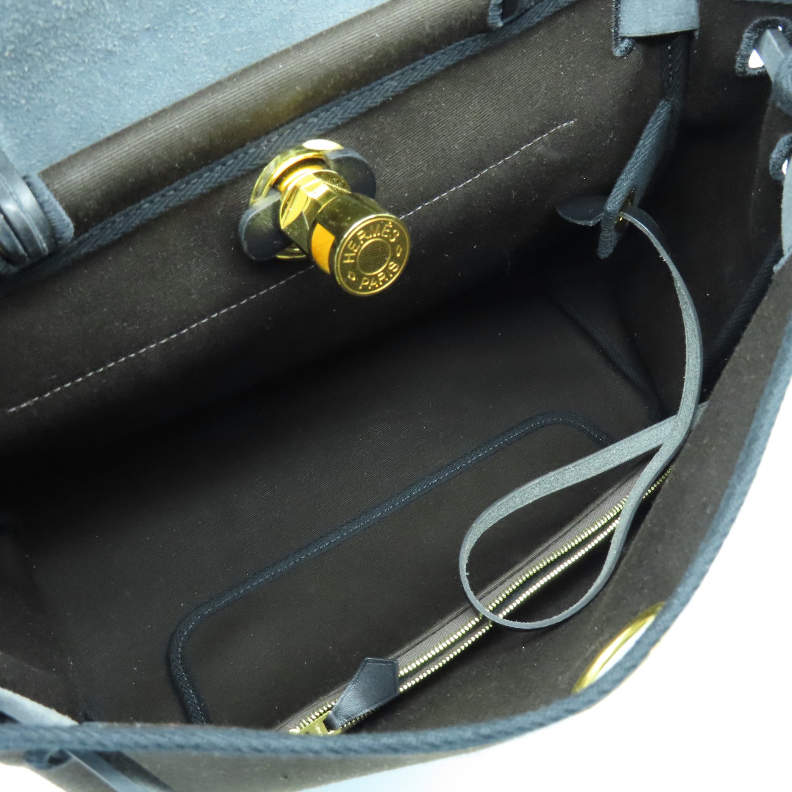 HERMES 帆布Herbag PM金扣手挽肩背两用袋咖啡色/黑色