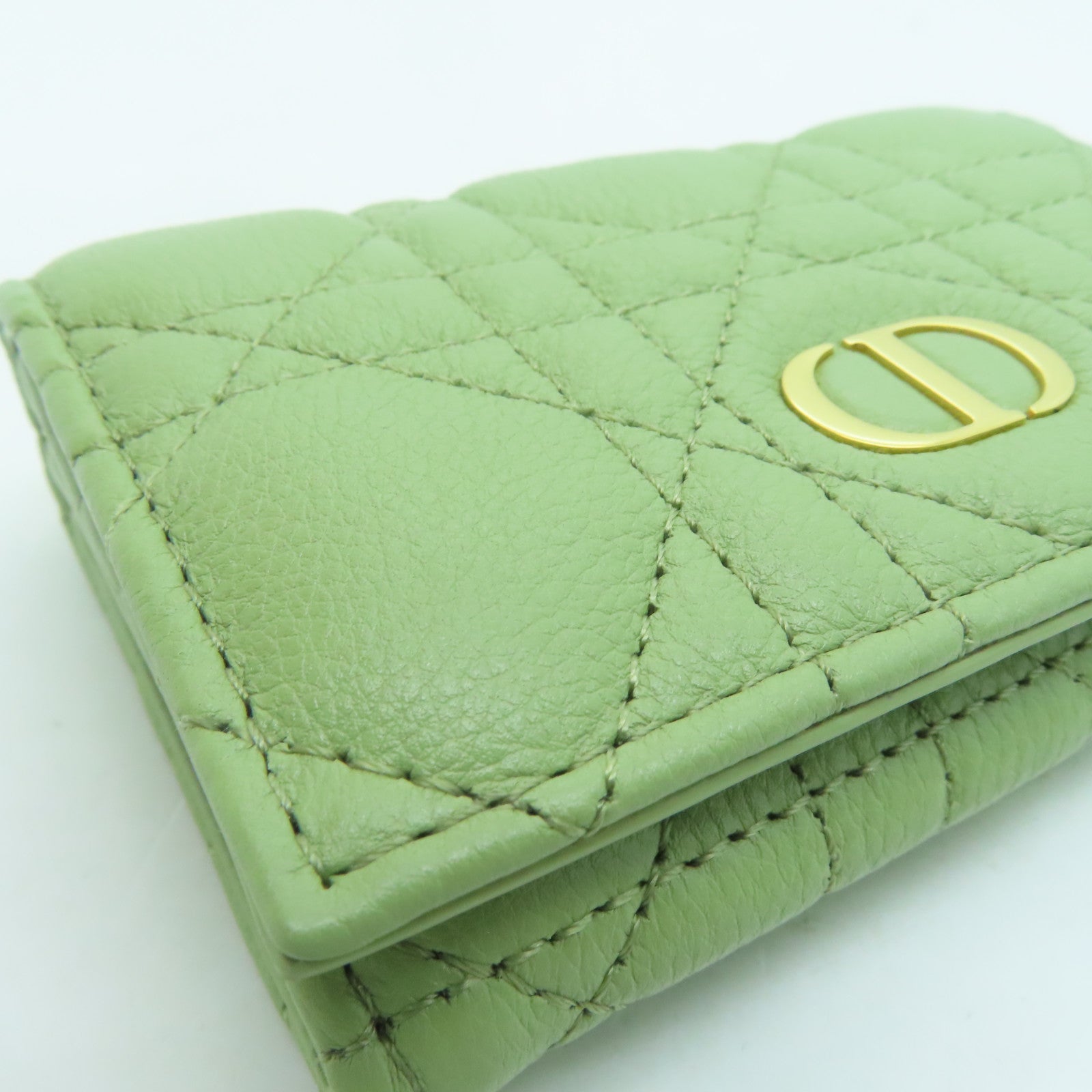 Dior Leather Card Case Gold Buckle Card Holder Green