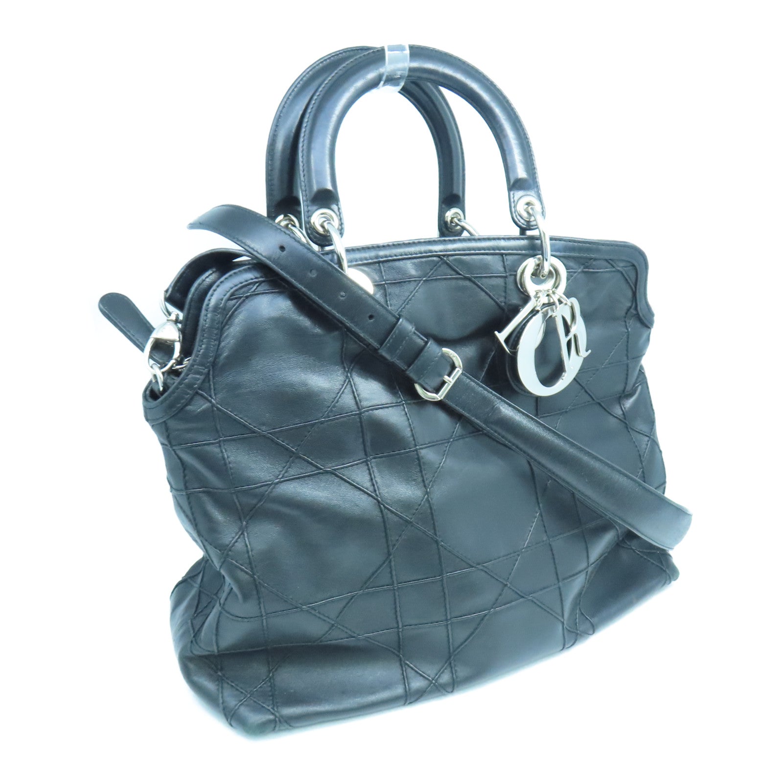 Dior 羊皮皮革2 Way Shoulder銀扣手挽肩背兩用袋黑色