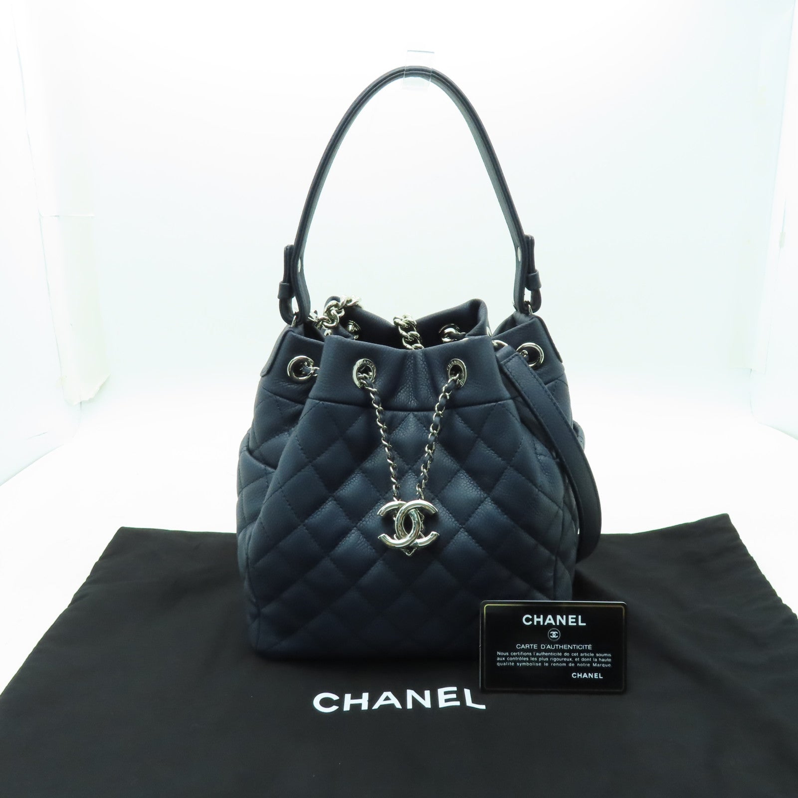 CHANEL 菱格Caviar皮革２Way Shoulder銀扣手挽肩背兩用袋藍色