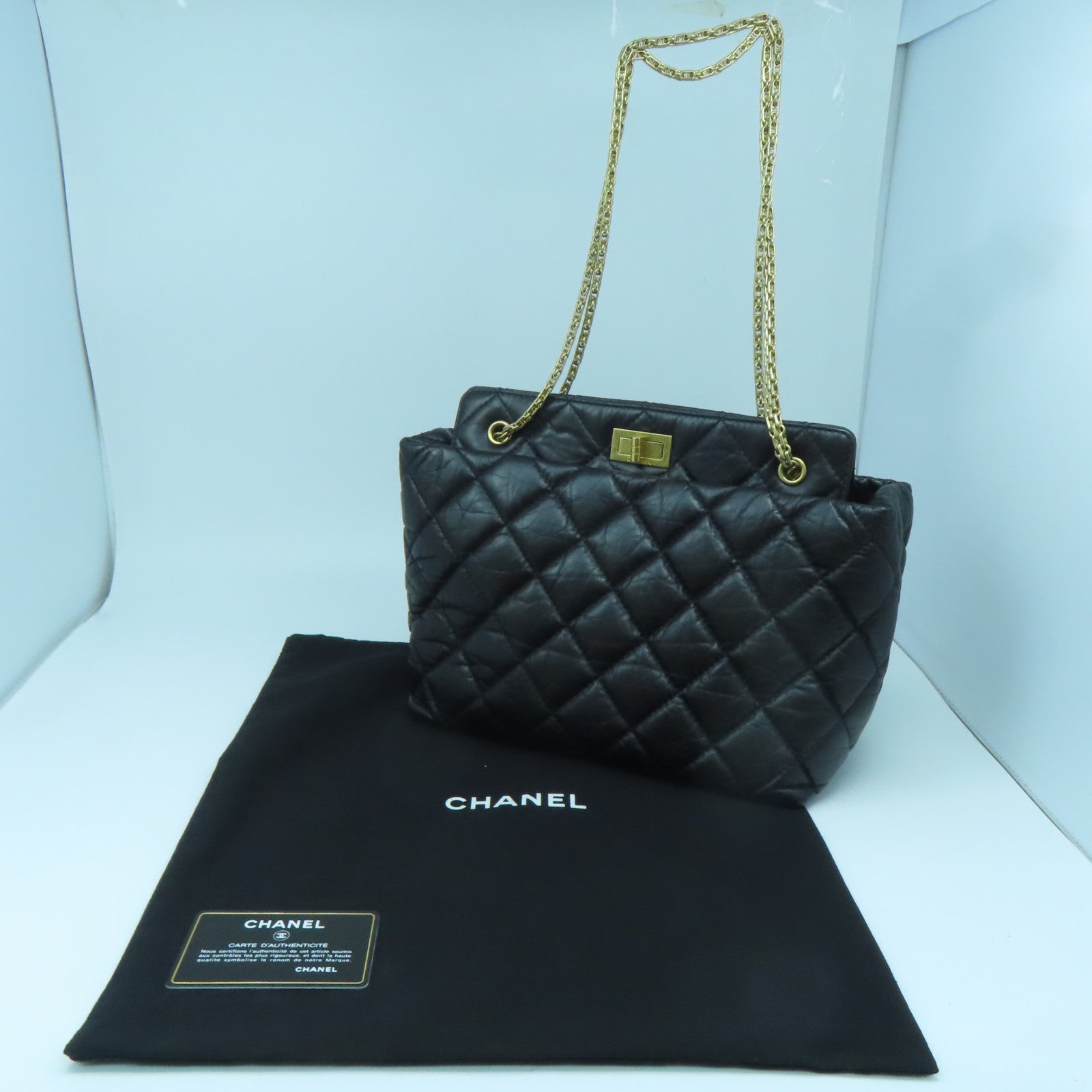 CHANEL Rhombus Aged Calf Leather 2.55 Gold Buckle Shoulder Bag Black