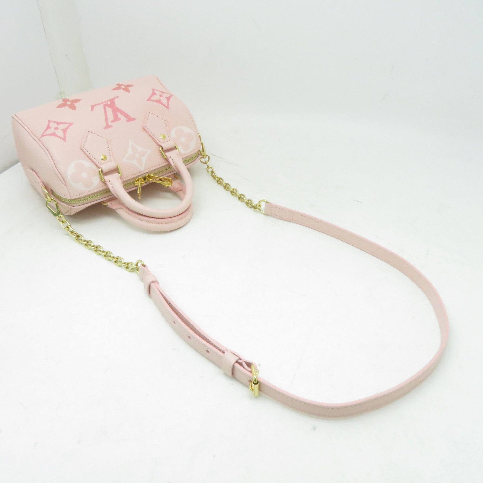 LOUIS VUITTON Monogram Empreinte Speedy Bandouliere 20金扣手挽肩背兩用袋粉紅色