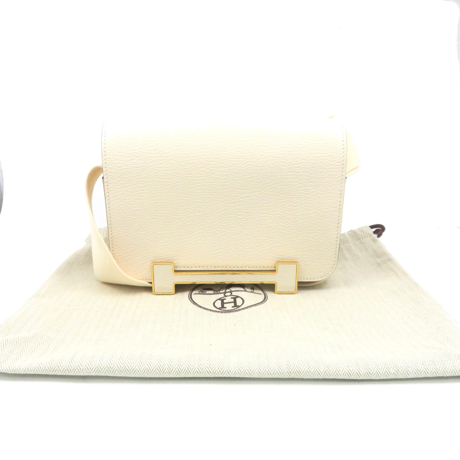 HERMES Chevre皮革Geta Shoulder Bag金扣肩背袋Nata奶油白色