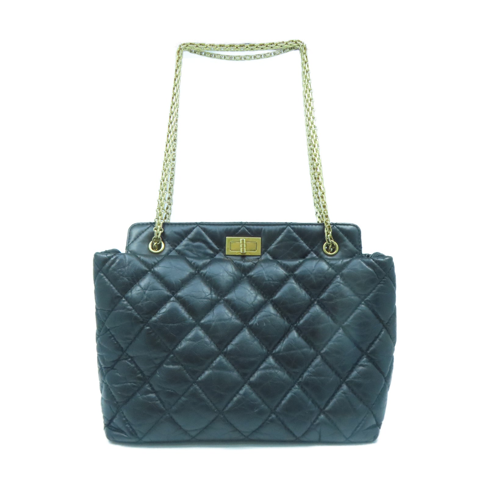 CHANEL Rhombus Aged Calf Leather 2.55 Gold Buckle Shoulder Bag Black