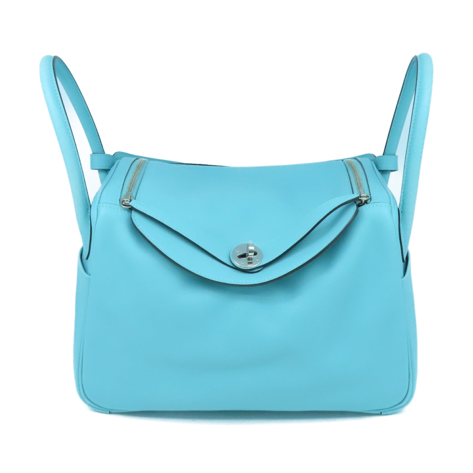 HERMES Evercolor皮革Lindy 30银扣手挽肩背两用袋Blue Atoll浅蓝色