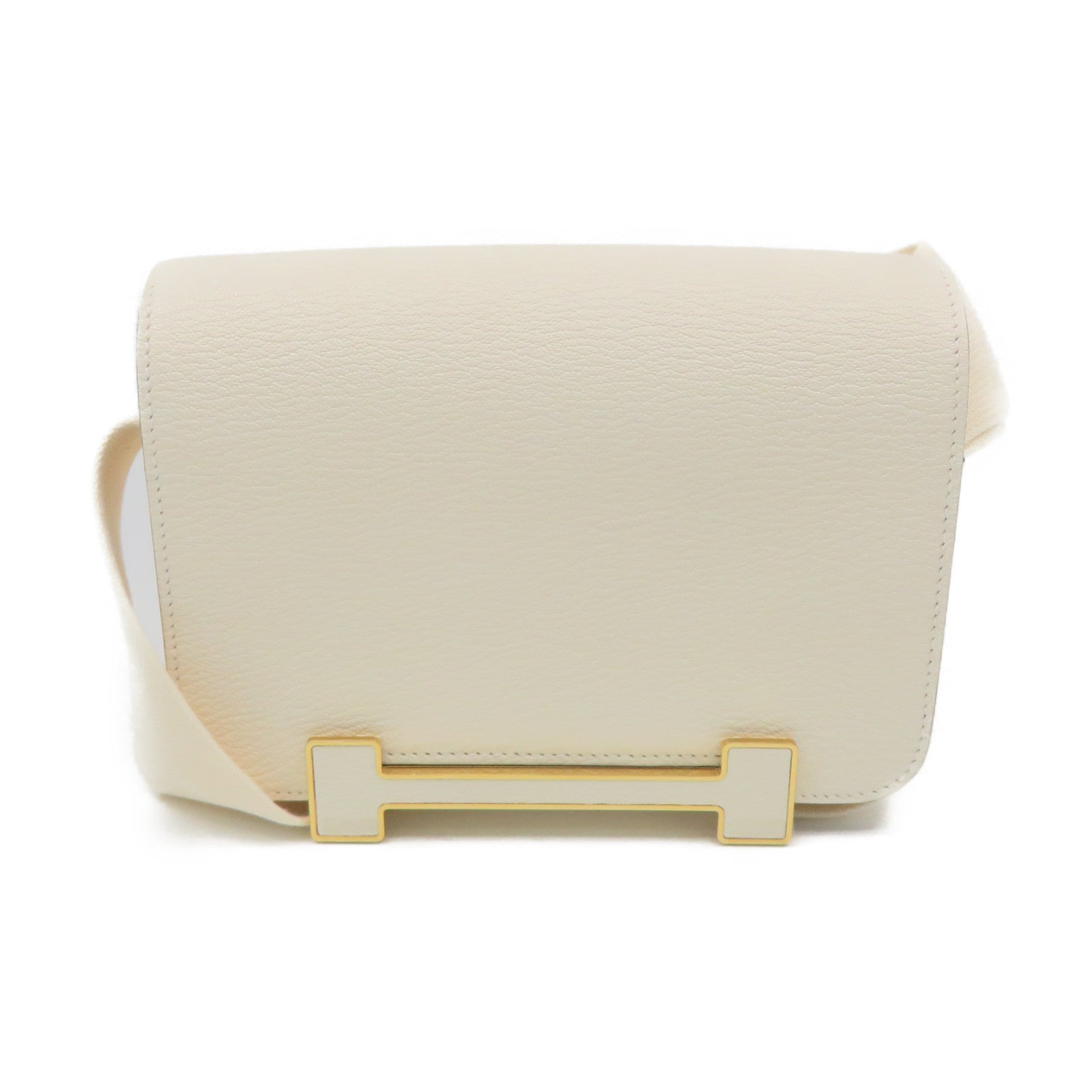 HERMES Chevre皮革Geta Shoulder Bag金扣肩背袋Nata奶油白色