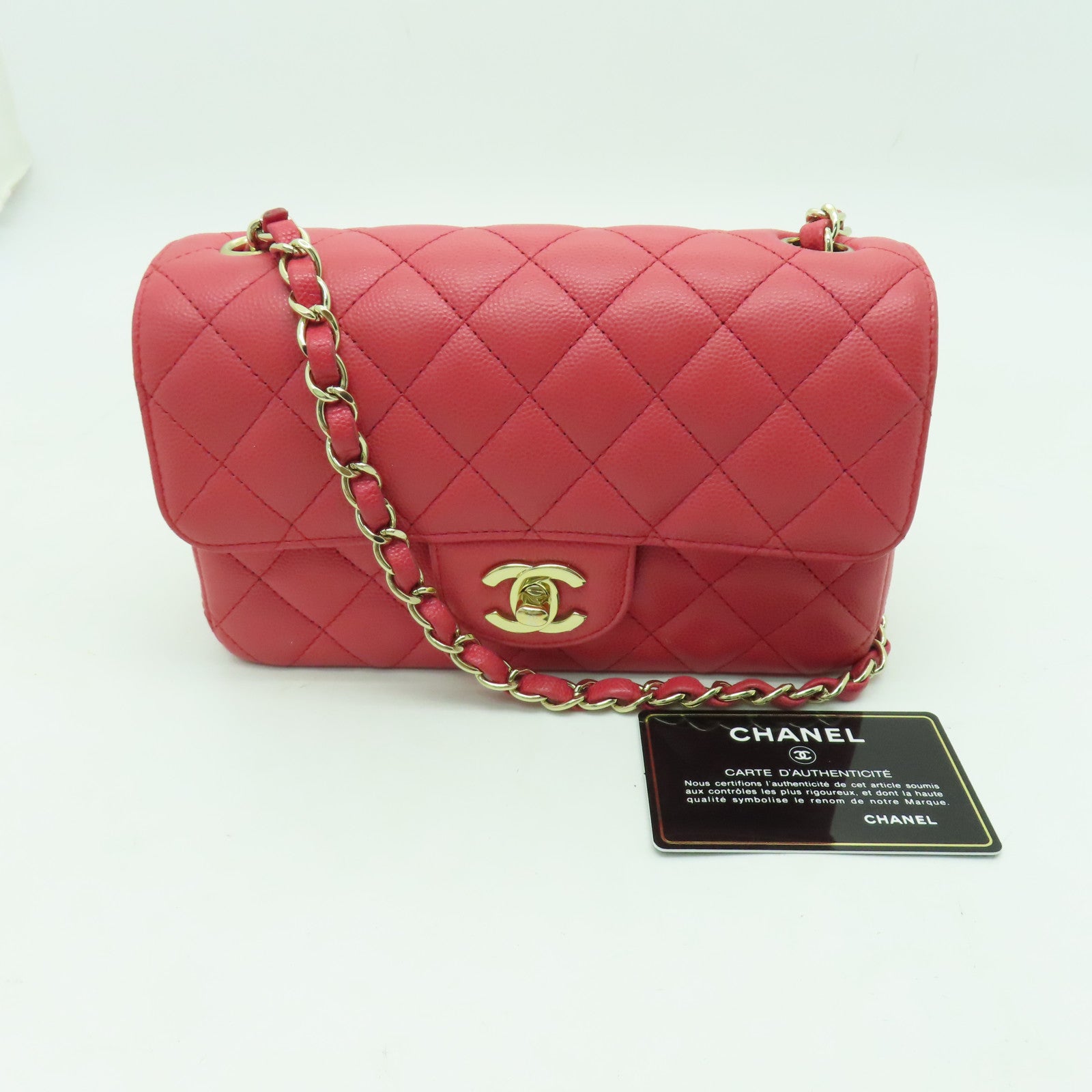 CHANEL 菱格牛皮皮革Classic Flap 20cm金扣鏈帶肩背袋粉紅色