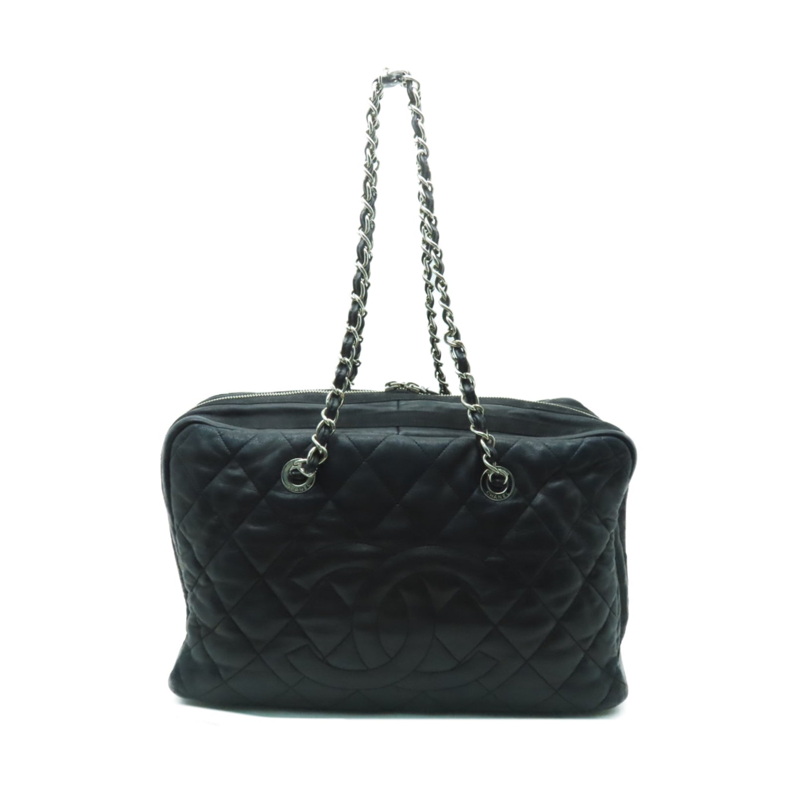 CHANEL 菱格牛皮皮革Chain Shoulder Bag銀扣鏈帶肩背袋黒色