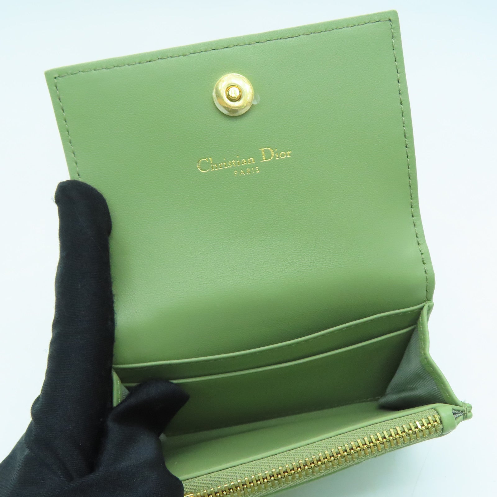Dior Leather Card Case Gold Buckle Card Holder Green