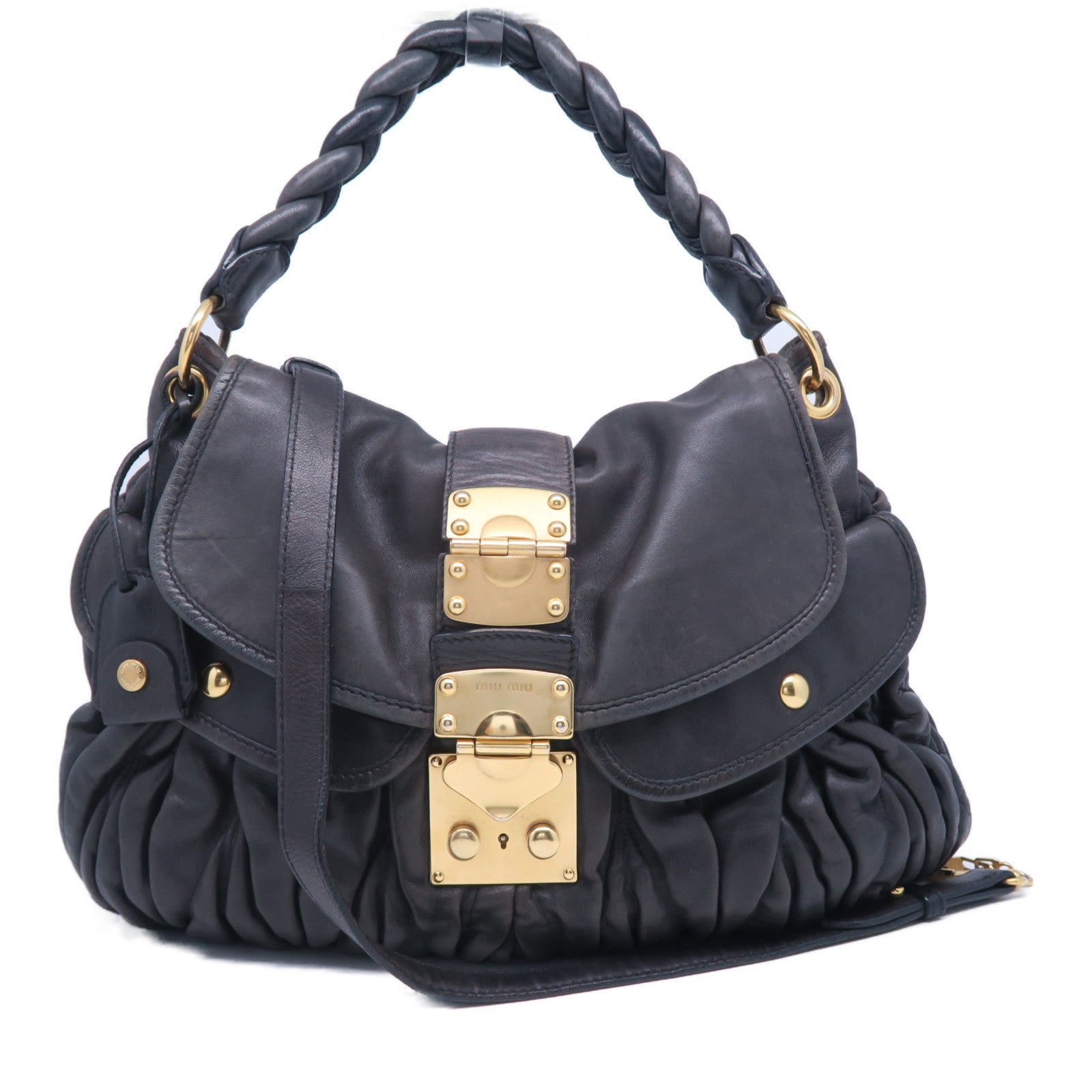 Miu Miu 牛皮皮革2 Way Bag金扣手挽肩背兩用袋黑色