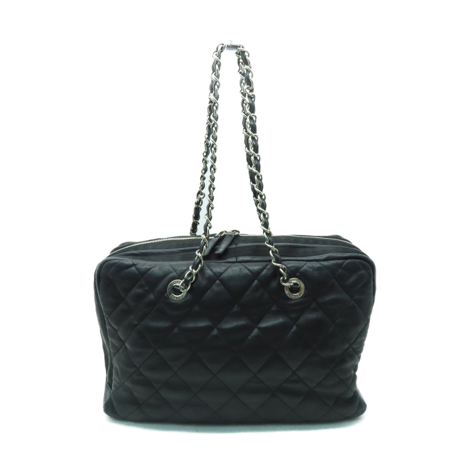 CHANEL 菱格牛皮皮革Chain Shoulder Bag銀扣鏈帶肩背袋黒色
